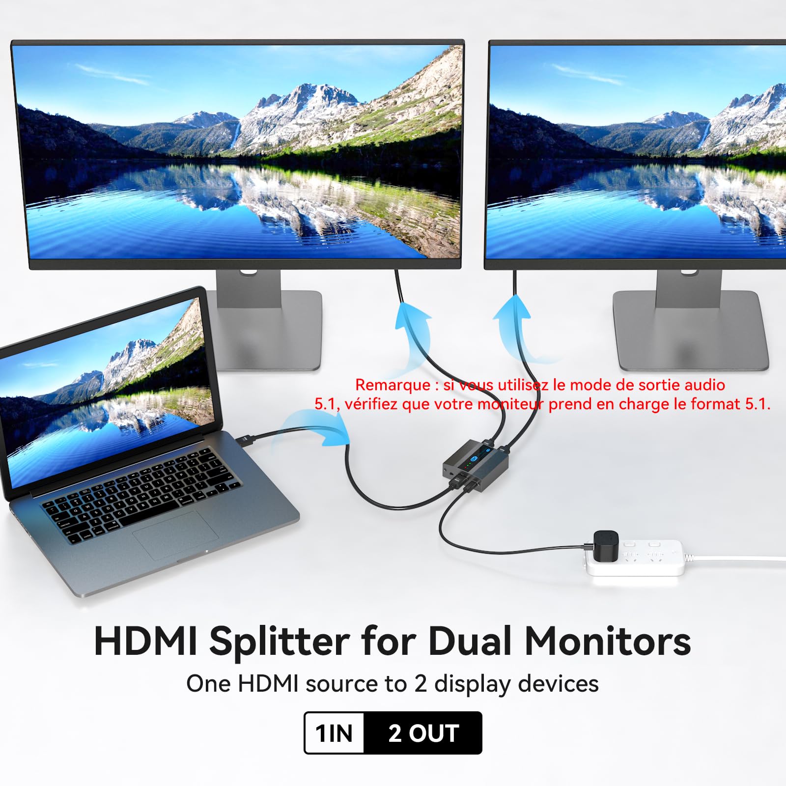VEDINDUST Splitter HDMI 4K120Hz 8K60Hz Repartiteur 1 Entree 2 Sorties HDMI 2.1 HDCP 2.3 Bypass Prise en Charge de l'EDID HDR10 UHD pour PC Console TV Xbox DVD etc Ne Prend Pas en Charge l'extension