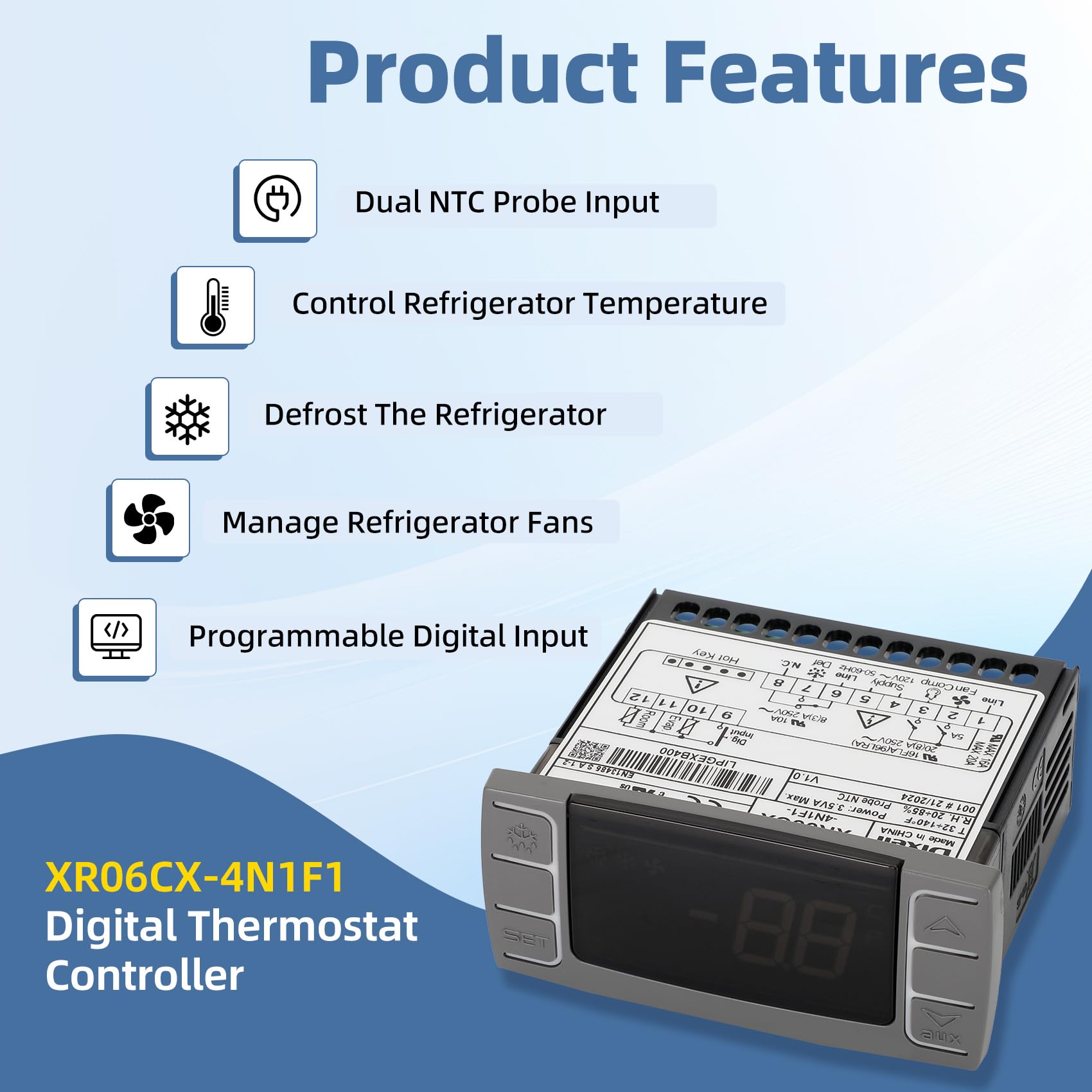 pour Dixell XR06CX-4N1F1 Contrôleurs de température, thermostat numérique programmable avec sonde de capteur pour réfrigérateurs/congélateurs commerciaux 120 V 50-60 Hz (matériel de montage inclus)
