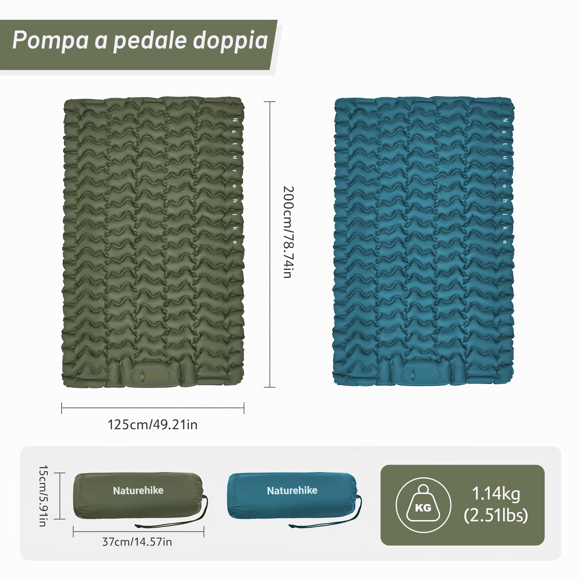 Naturehike Materassino da Campeggio con Cuscino, Ultraleggero, Gonfiabile, Pompa ad Aria Integrata, Facile da Gonfiare, Adatto per Tende da Trekking, Livello di Ingresso (Verde militare - Doppio)