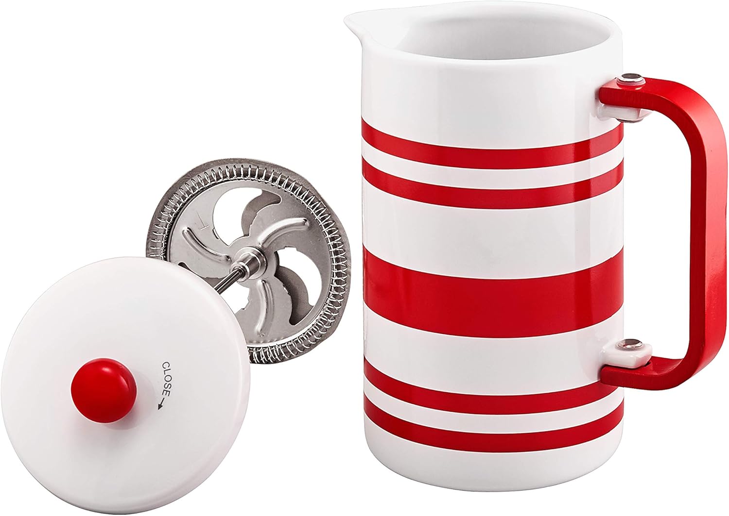 BonJour Hot Beverage Ceramic French Press Coffee Maker with Flavor Lock Filter and Bamboo Handle, 32 Ounce, Red Stripes