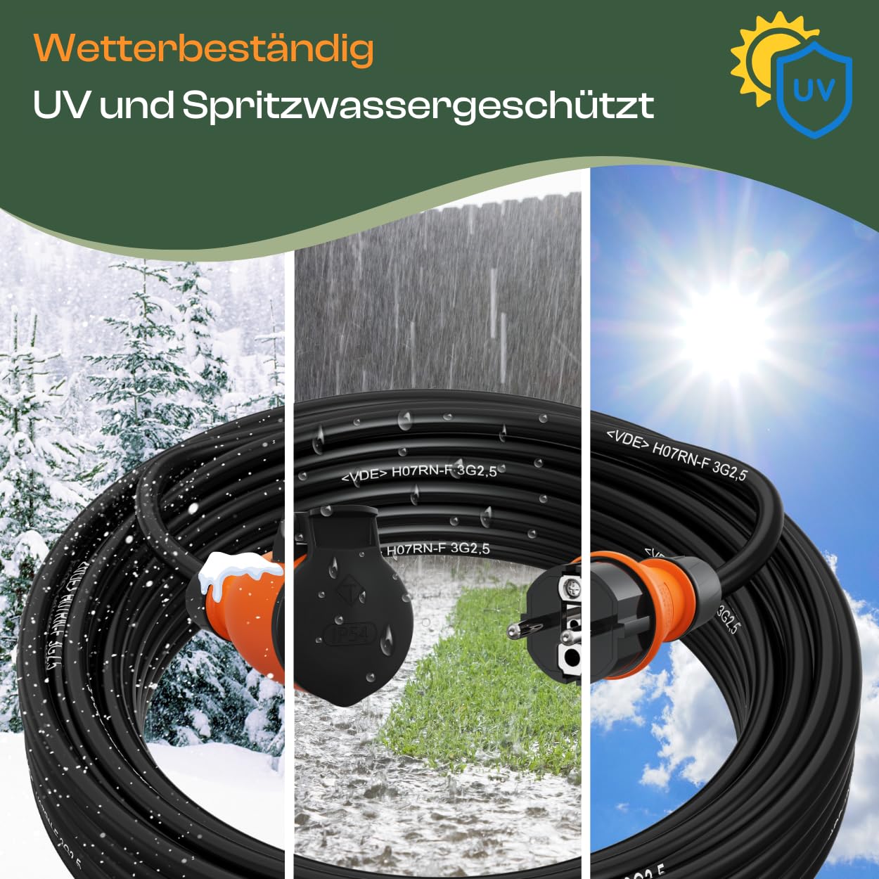 Verlängerungskabel 25 Meter IP54 Außen Verlängerung 25m Stromkabel Außenbereich Kabel Strom Verlaengerungskabel Gummikabel H07RN-F 3x2,5 Schuko Outdoor Extension Cord
