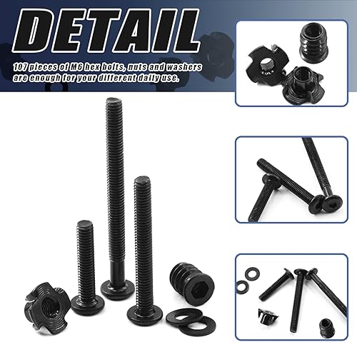 Miniatura 4 de Glarks 107 tornillos hexagonales negros M6 x 30502.756 in e insertos roscados M6 Kit surtido de tuercas en T con arandelas planas y llave hexagonal