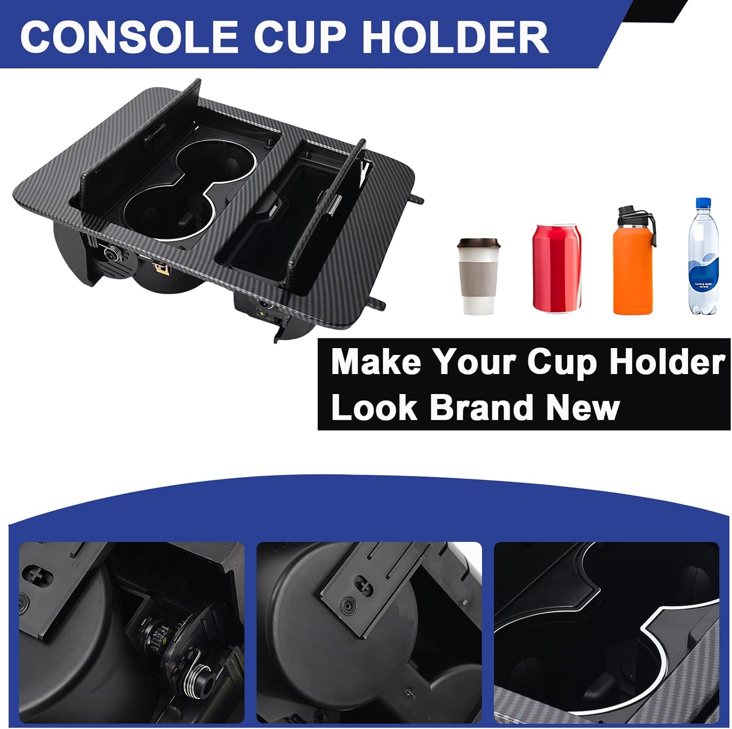 23164631 Console Cup Holder Storage Carbon Fiber Compatible with Chevy Yukon Sierra Tahoe Suburban Silverado Avalanche Cadillac Escalade 2007-2014 Replace 20811675 20919905 20951472 25912892