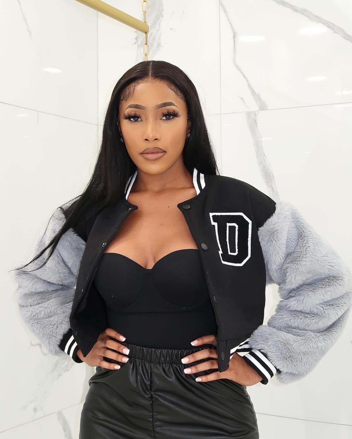 KANSOON Varsity Jacket Women Faux Fur Sleeve Cropped Baseball Jacket Button Up Casual Patchwork Letterman Coat - Image 4