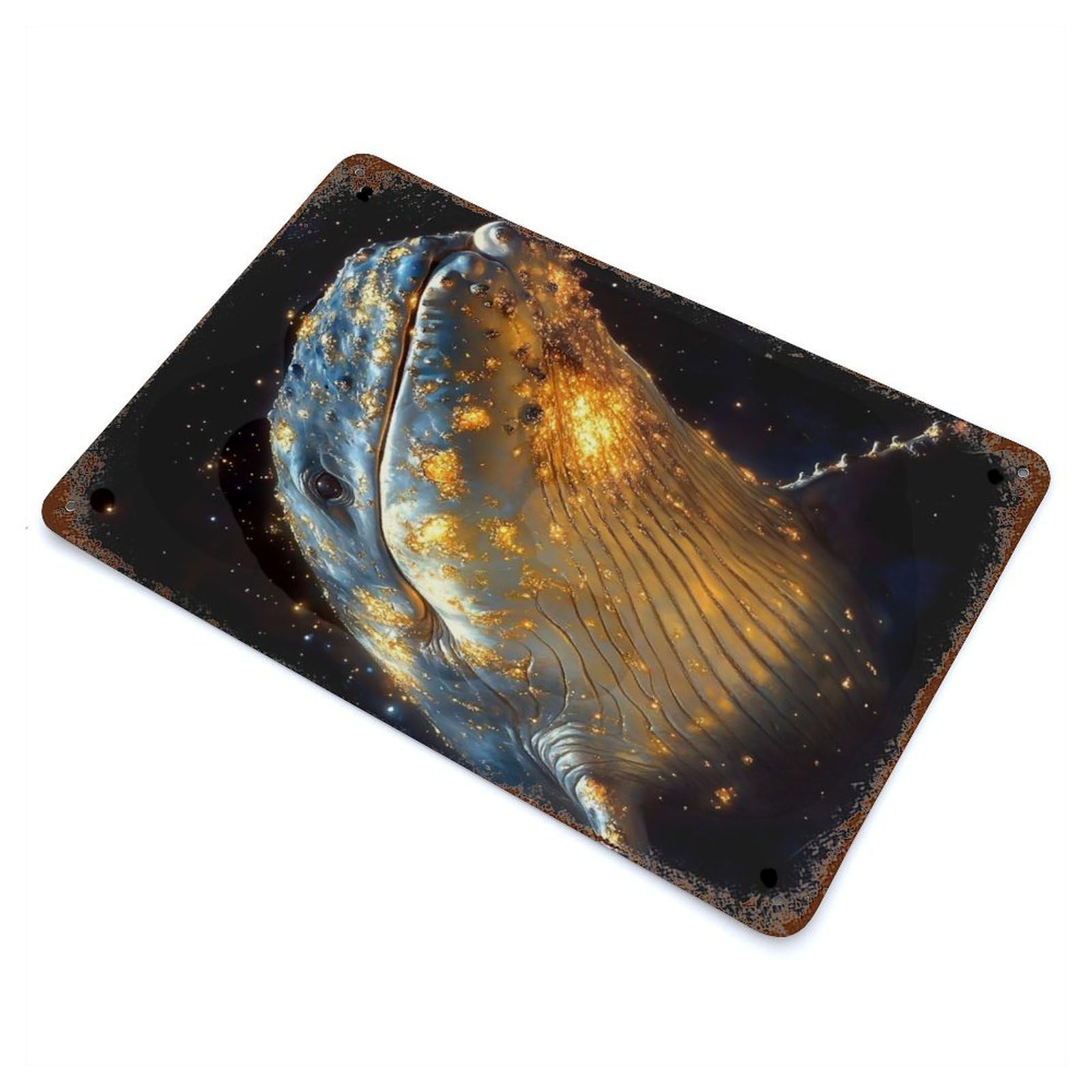 Golden Whale in Space 11.8"x7.9" Retro Metal Sign, Industrial Home Decor for Basement, Hobby Room And Garage Decor