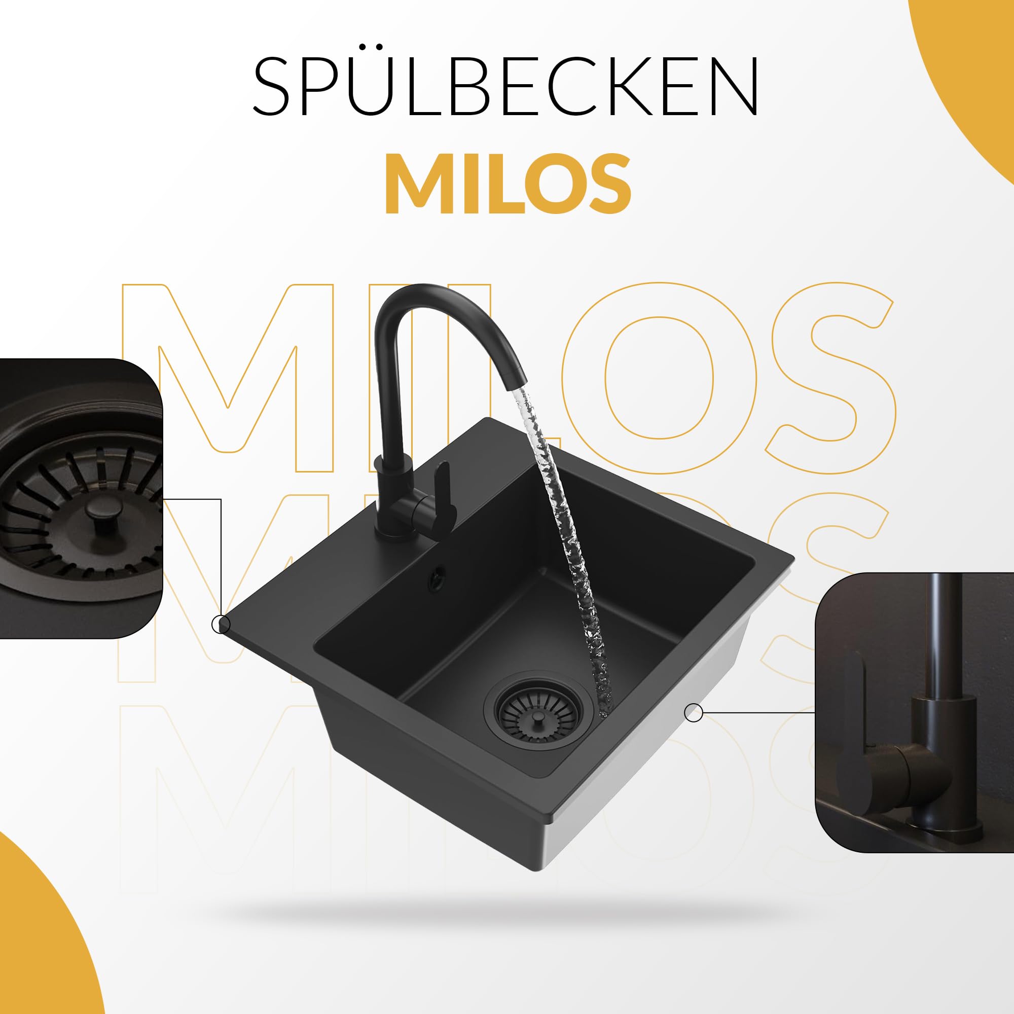 Granitan Spülbecken 44,5x41,5 cm mit Siphon, Granitspüle mit Zwei Löchern | Waschbecken für Küche mit Küchenarmatur, Einbauspüle Milos, Tiefschwarz (auch Schwarz Siphon)