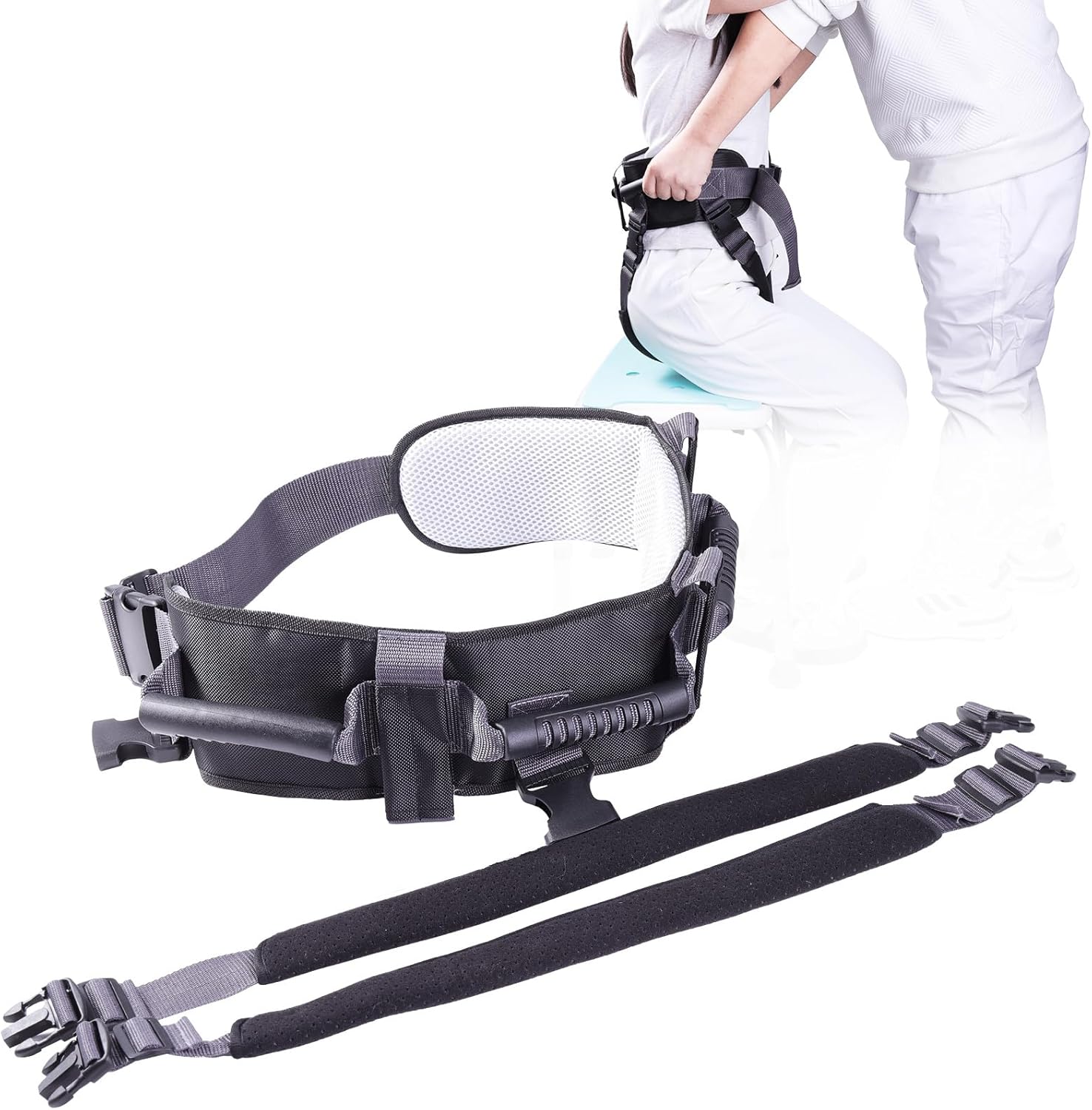 Gait Belt with 7-Pivot Handle – Lift Assist Technology Reduces Caregiver Strain 40%, Strap Quick Release Buckle，Detachable Thigh Belt (Black, M)