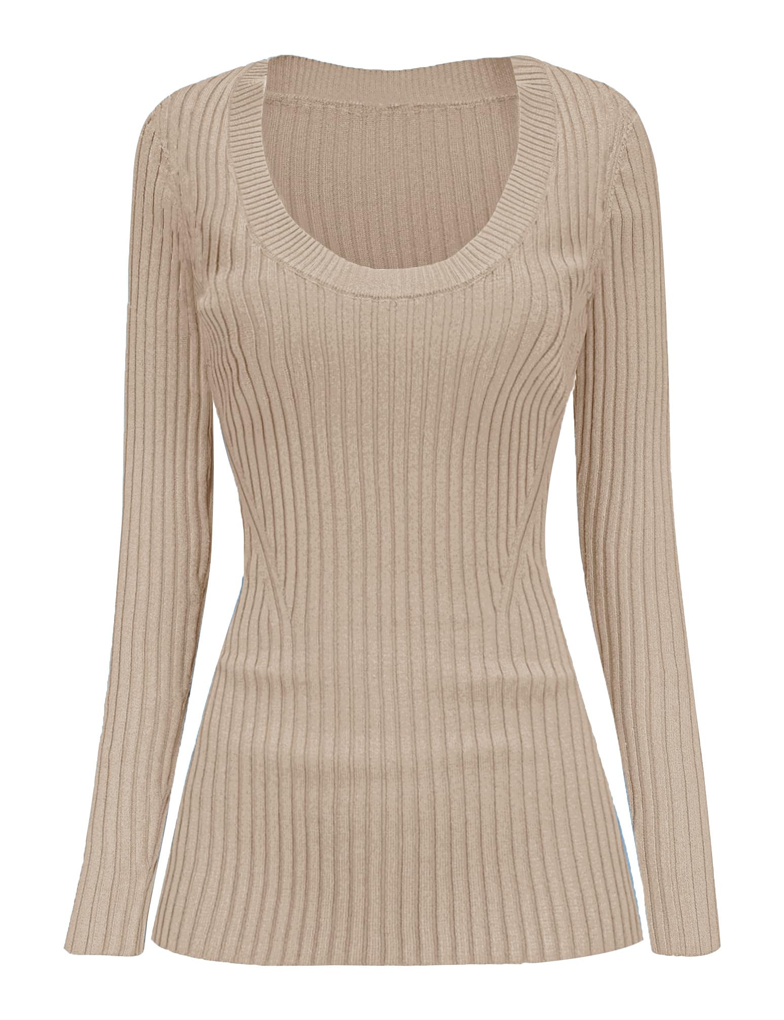 v28 Women Scoop Neck U-Neck Knit Long Sleeve Slim Fit Ribbed Sweater Tops