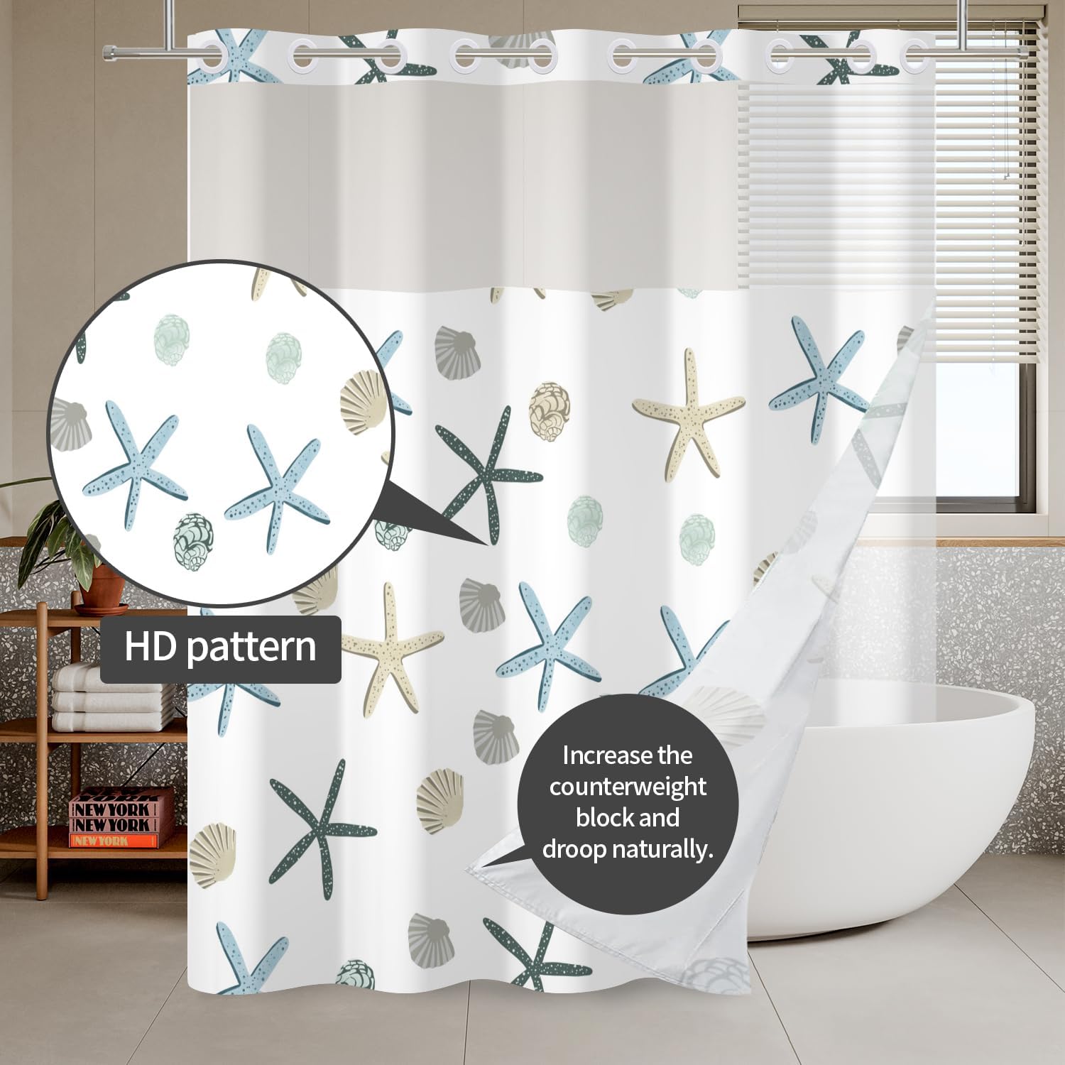 Nautical Beach No Hook Shower Curtain with Snap in Liner Coastal Starfish Seashell Shower Curtain and Liner Set Ocean Theme Fabric Washable Hotel Bathroom Curtains 71x74 Inch