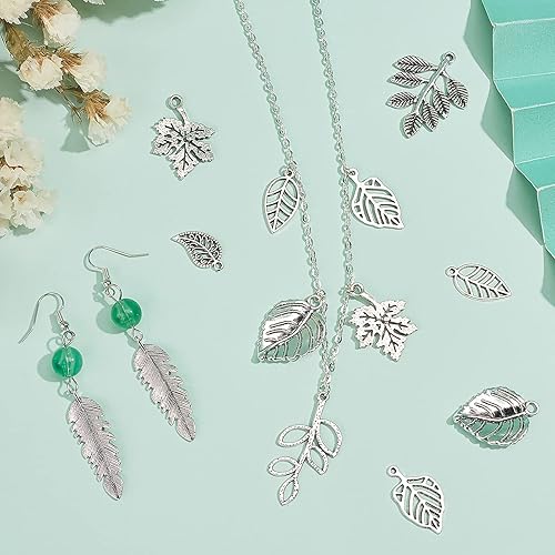 Miniatura 2 de PH PandaHall 150 dijes de hoja de árbol, 15 estilos de filigrana de hoja de metal, dijes de plantas de aleación tibetana de plata antigua, colgantes