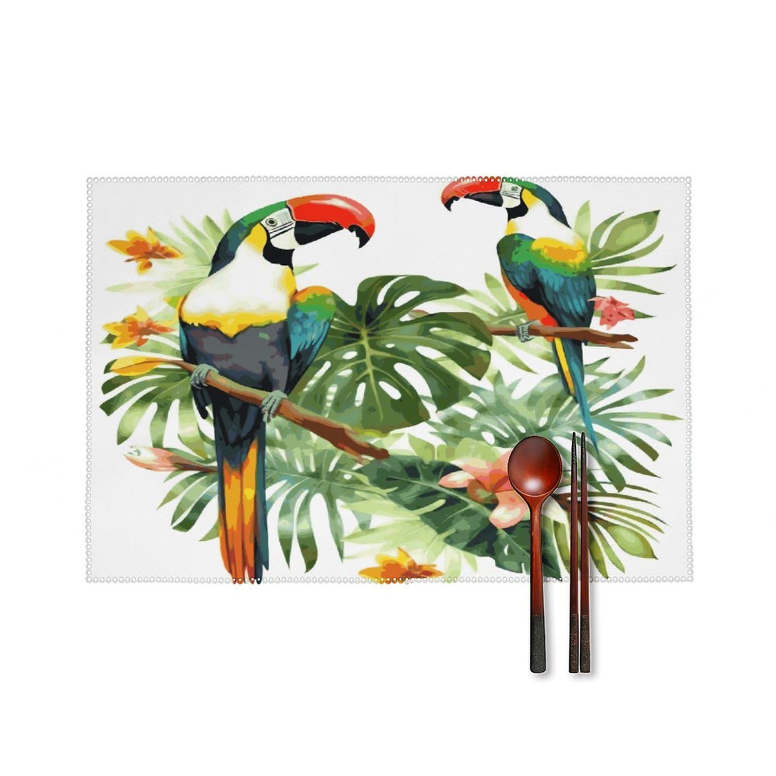 Toucans Parrot Palm Tree Leaves Placemats Set of 4 Non-Slip Heat Resistant Table Mats Canvas Washable Cloth Place Mats Easy to Clean Premium Placemat for Kitchen Dining Table Decoration