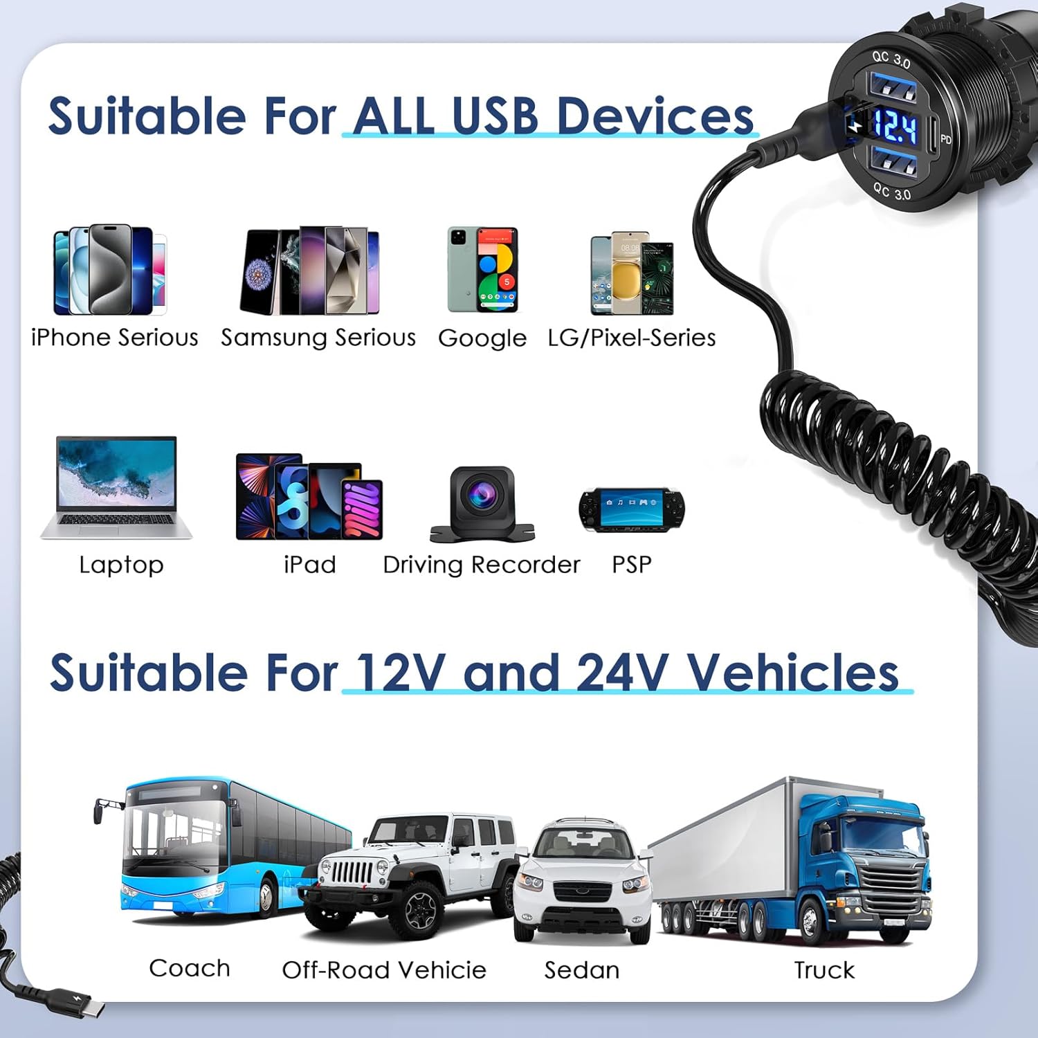 78W 12V USB Outlet Qidoe 4 Port Dual 30W PD & Dual Quick Charge 3.0 Aluminum12V Car Charger Socket with VoltmeterC to C Cable Coiled 3FT Cord for Car Boat Marine RV