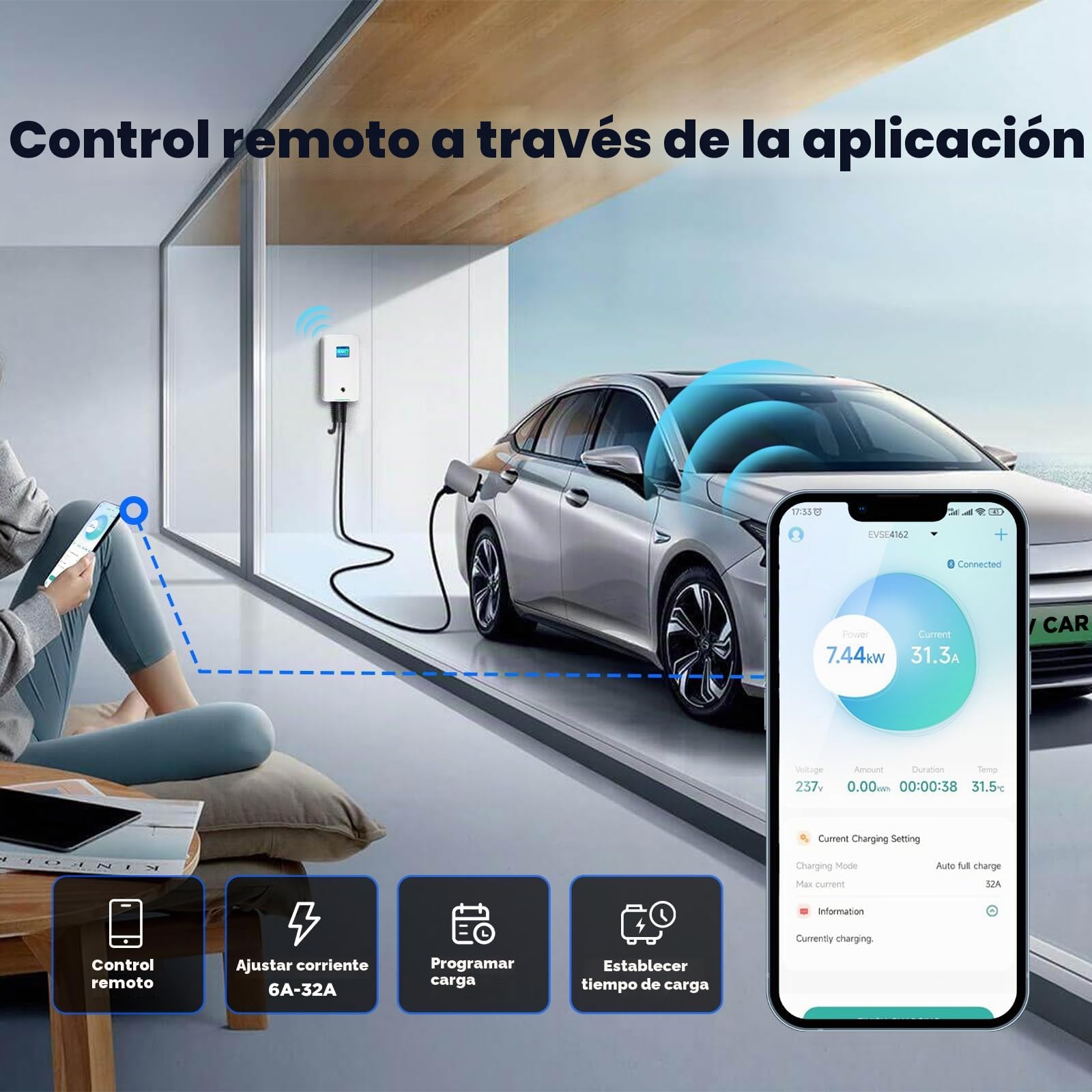Morec ev Cargador Tipo 2 32A 7 kW con aplicación Compatible con Bluetooth y conexión WiFi ev estación de Carga IEC 62196-2 Enchufe estándar y con Cable de alimentación a la Caja de distribución ...
