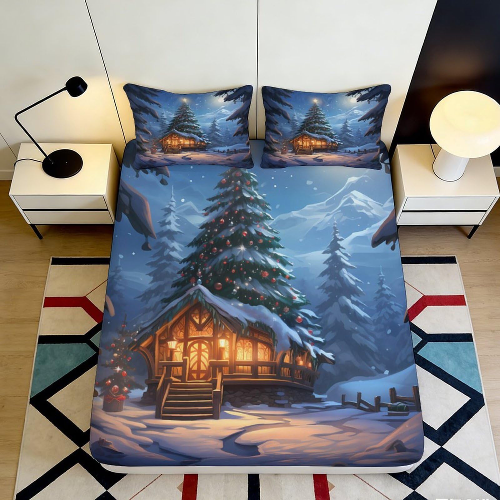 3D Printed Winter Cabin Fitted Sheet Microfiber Soft Blue Snowy Forest Bed Cover for Bedroom Guest Room Decor 90x200x25cm