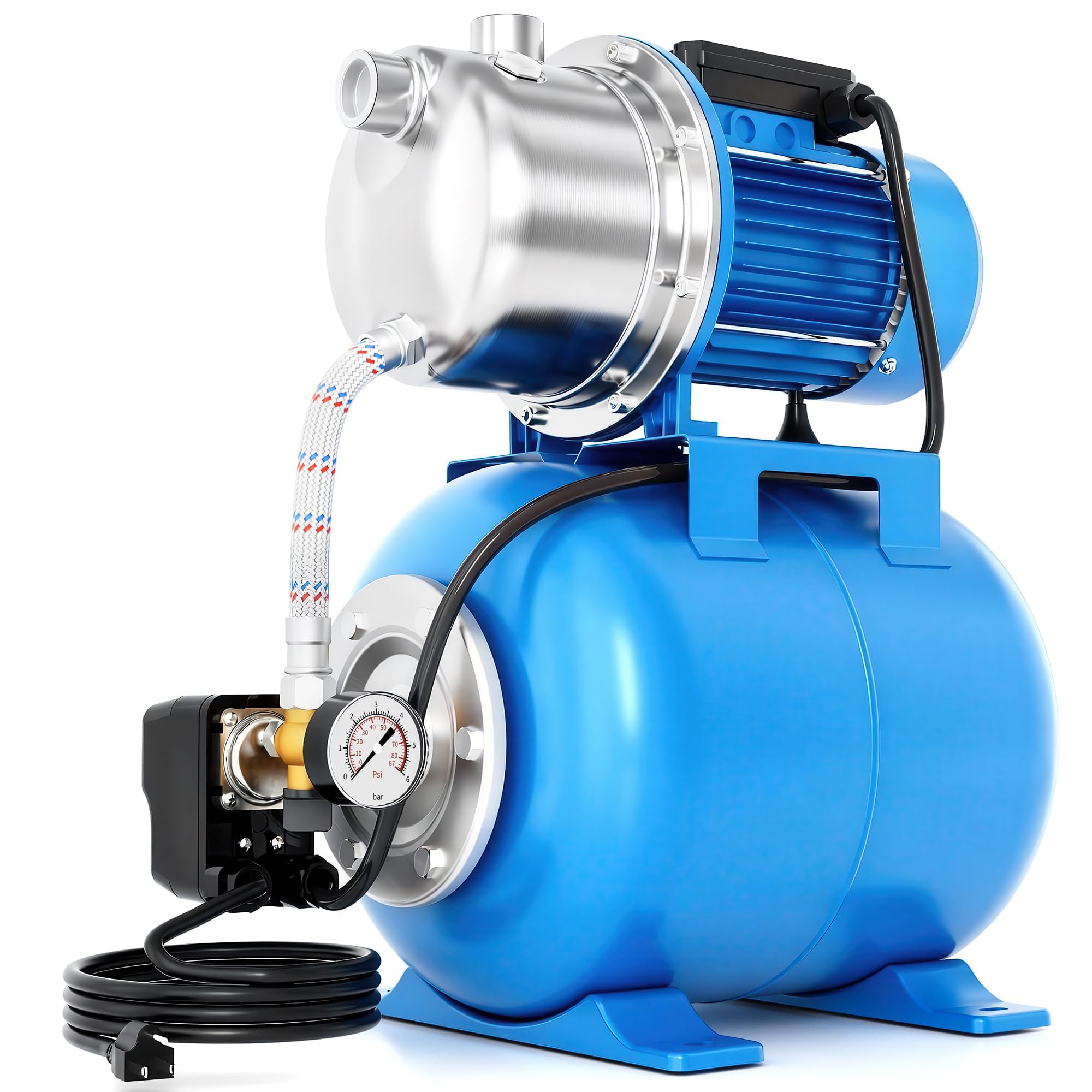 FOTING Hauswasserwerk INOX aus Edelstahl 1100 W, Fördermenge 4600 l/h, Förderhöhe bis 45 m, max. 4,5 bar Druck mit Manometer, 24 L Kessel, robuster Betrieb für Haus & Garten, sicher mit Überlastschutz
