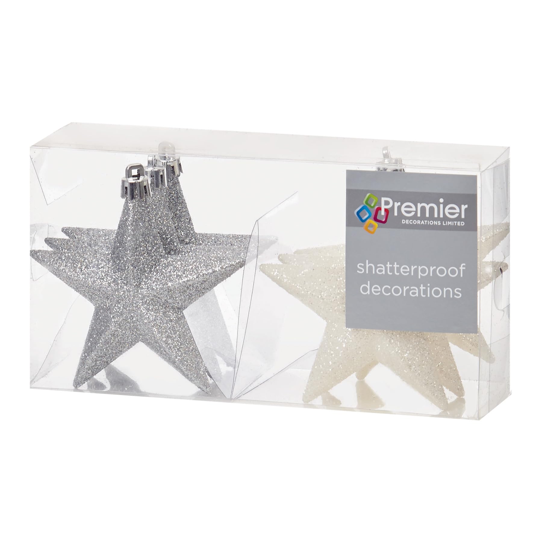 Widdle Gifts Silver And White 1446 Shatterproof Christmas Stars 6 Pack 100Mm Premier Christmas Tree Decoration, Glitter Star Baubles (Silver And White 1446)