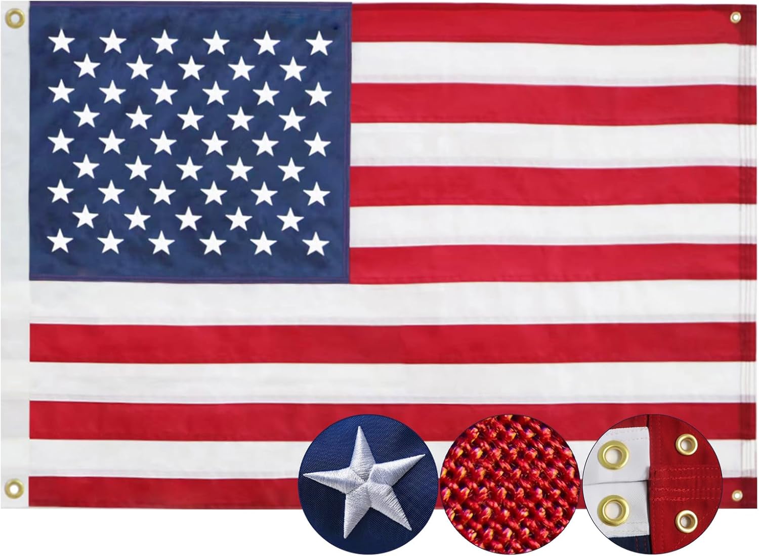 American Flag 3x5 Ft, 4 Brass Grommets for Outdoor/Indoor USA Flag, TearProof Polyester, Heavy Duty Durable Outside US Flags, Embroidered Stars, Sewn Stripes, Hanging Indoor/Room/Wall American Flags
