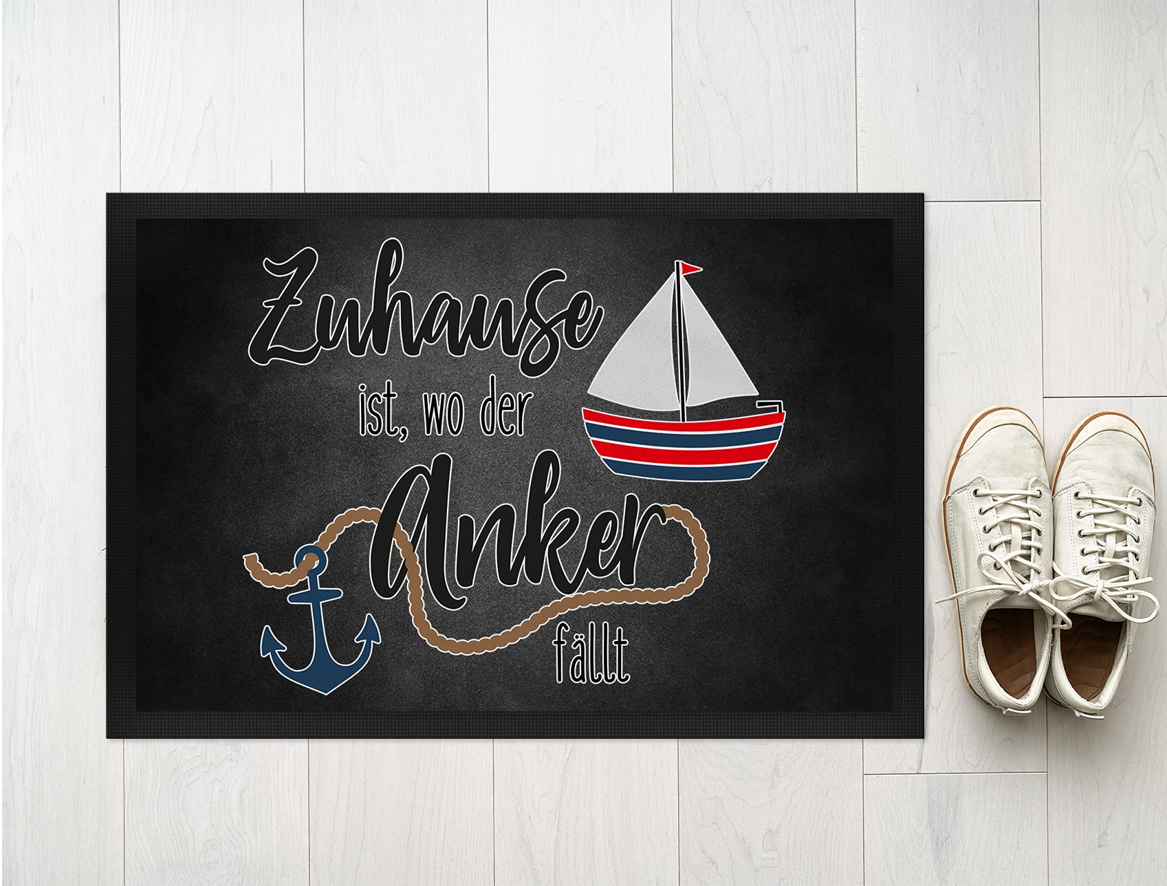 JUNIWORDS Fußmatte, Zuhause ist da, wo der Anker fällt, 90 x 60 cm, mit Gummirand