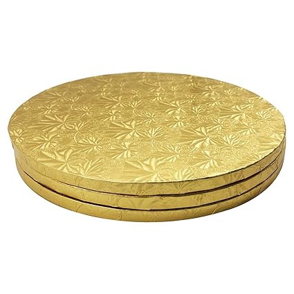 10 Inch Cake Drum, Gold Round Boards Cardboard for Wedding Birthday Party (1/2 Inch Thick, 3 Pack) - Fully Wrapped Edges - PACKIN WAY