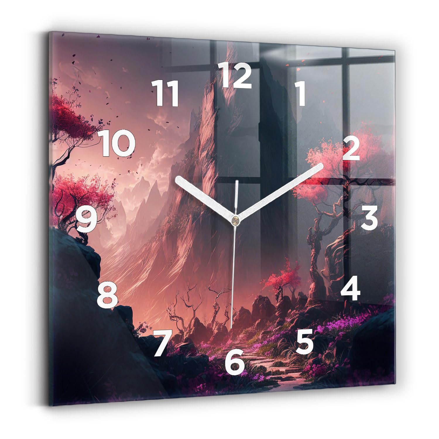 Horloge carrée forêt magique et montagnes Wallfluent pour salon contemporain