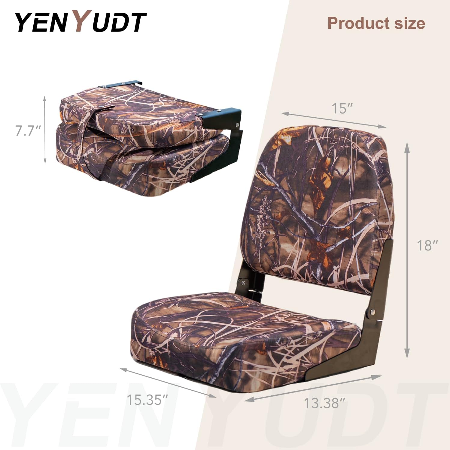 TENYUDT Folding Low Back Boat Seats - Fold-Down Camo Fishing Chairs with Thick Marine-Grade Foam Padding & Aluminum Hinges, Waterproof Captain Seats for Marine Vehicles (220lbs Capacity)