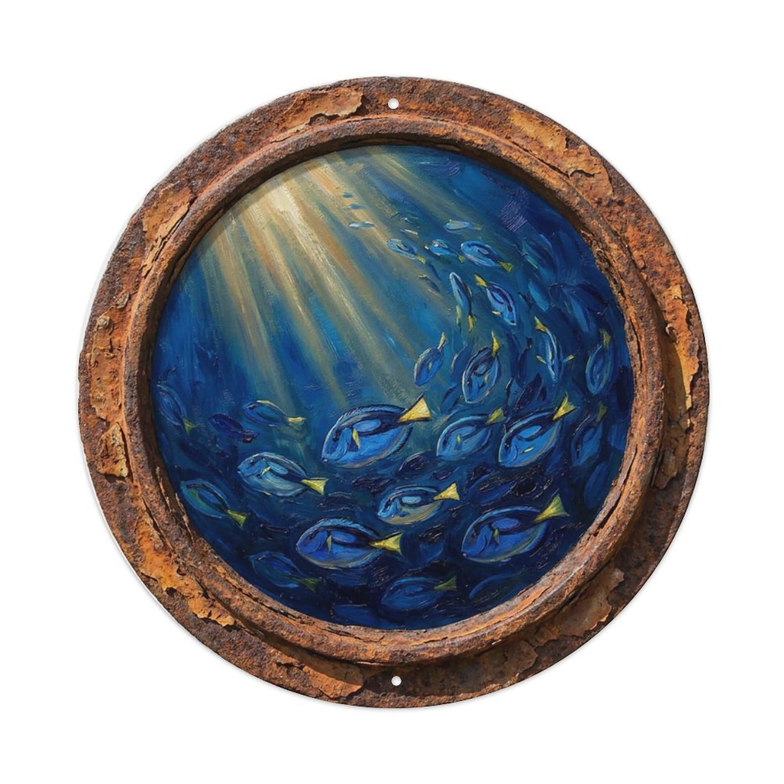 Vintage Porthole Surgeonfish Swarm Ship Window Under Deep Metal Tin Sign