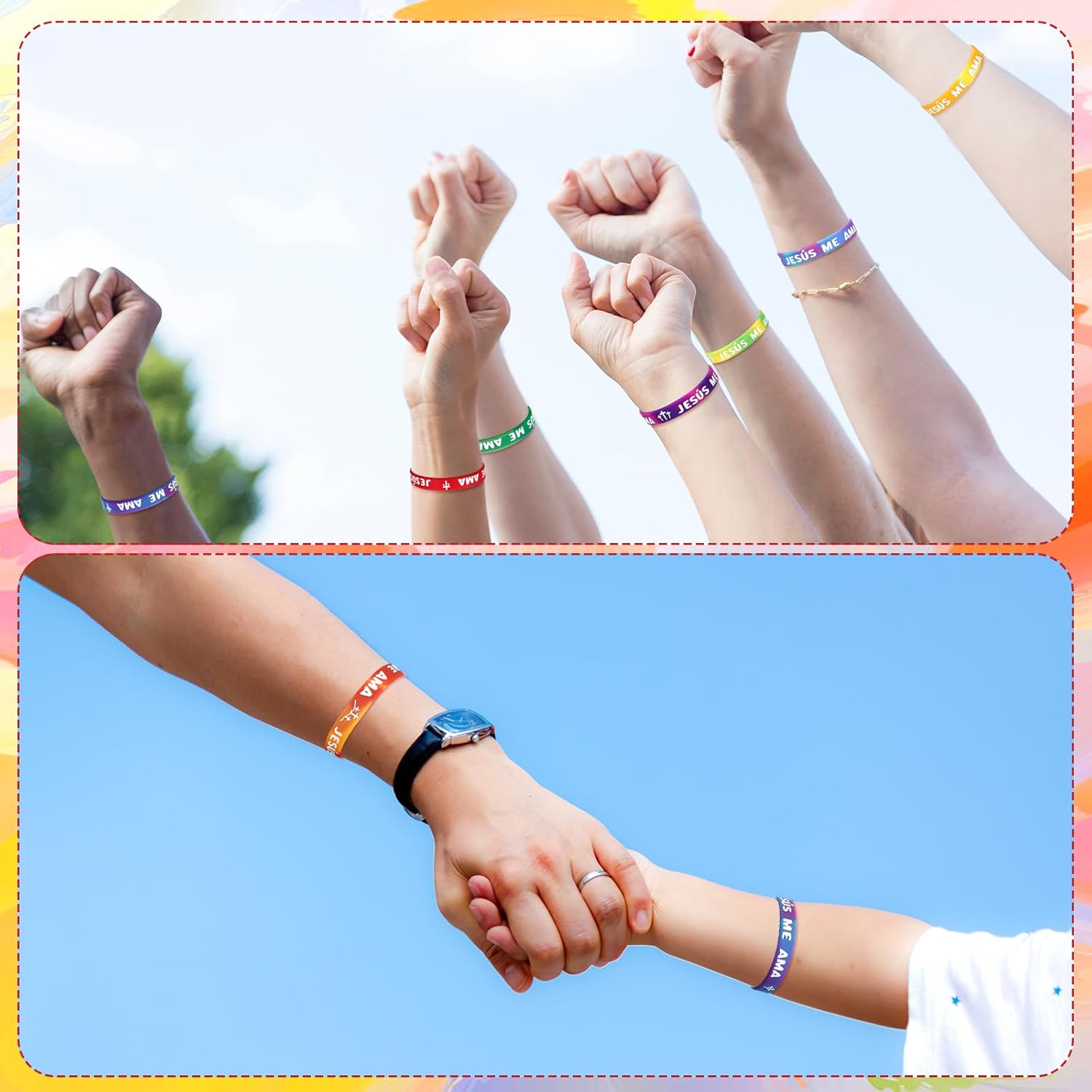 100 Pcs Spanish Jesus Loves Me Wristbands Bulk 10 Styles Rainbow Jesus Me Ama Religious Wristbands Christian Cross Silicone Gift for Missionaries Religious Christian Church Giveaways Group - Image 5