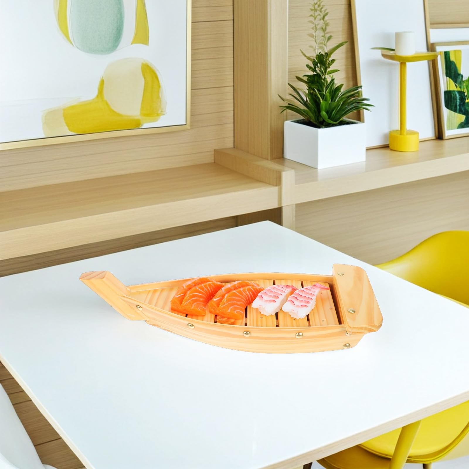 ULTECHNOVO Plat de Service à Sushi Style Japonerie en Bois Forme Bateau Plateau de Collations Fonction de Rangement et Service pour Restaurant et Maison