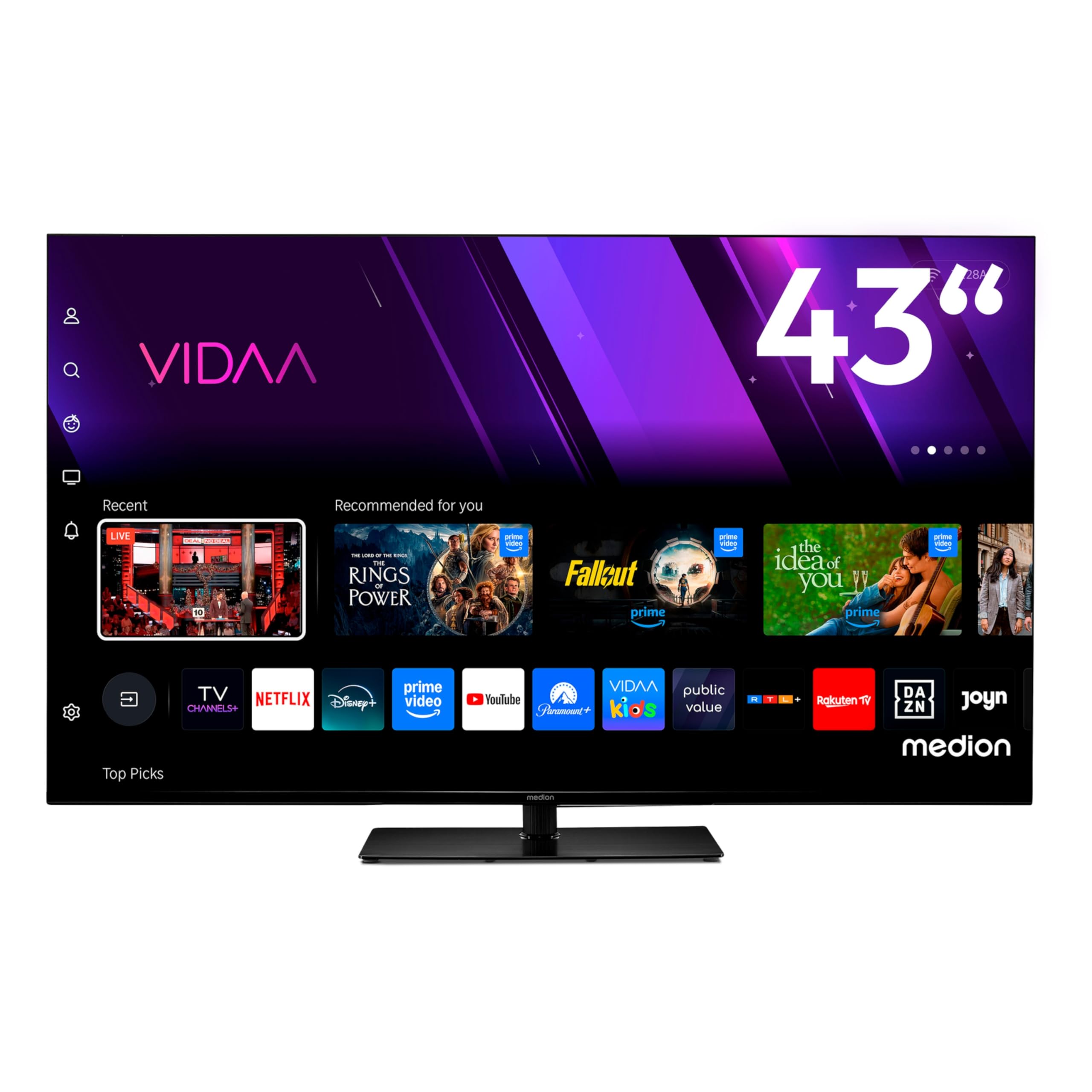 MEDION 107 cm (43 Zoll) Fernseher (Smart-TV, Dolby Vision HDR, VIDAA Store, Prime Video, Disney+, DAZN, Paramount+, HbbTV, PVR, Bluetooth, MD 843300)
