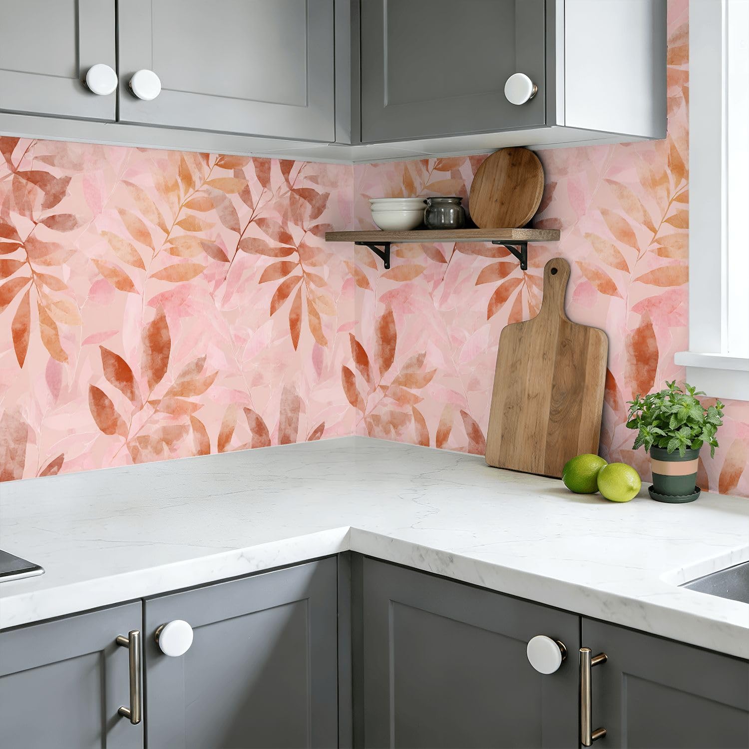 Rivestimento autoadesivo per mensole e armadi, motivo foglia rosa e arancione, effetto acquerello, 45 cm x 3 m, carta da parati autoadesiva per mobili da cucina e cassetti