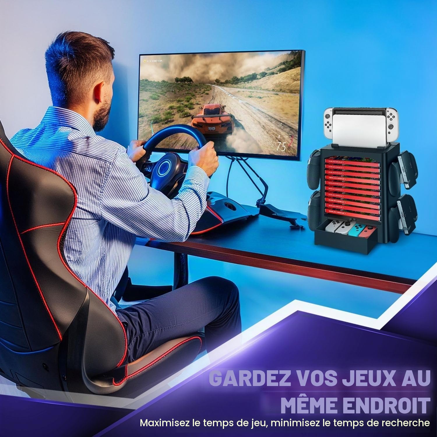 TNP Station de rangement pour Nintendo Switch OLED avec support de station d'accueil, étagère verticale pour 10 boîtiers de jeu, 4 contrôleurs, tiroir Joy-Con, noir