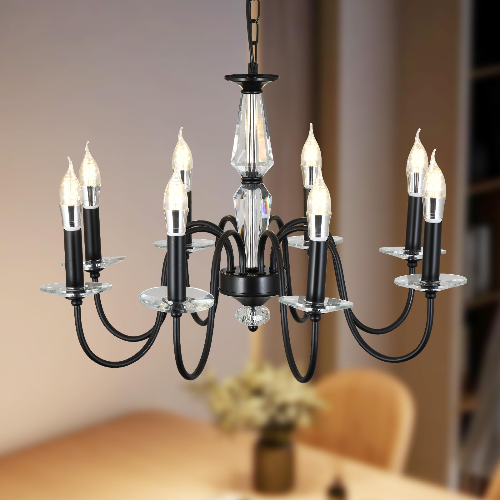 Black Chandelier, 8-Light Farmhouse Candle Chandelier for Living Room, Rustic Industrial Pendant Chandeliers for Dining Room, Vintage Crystal Hanging Light fixture for Hallway Kitchen Foyer E14