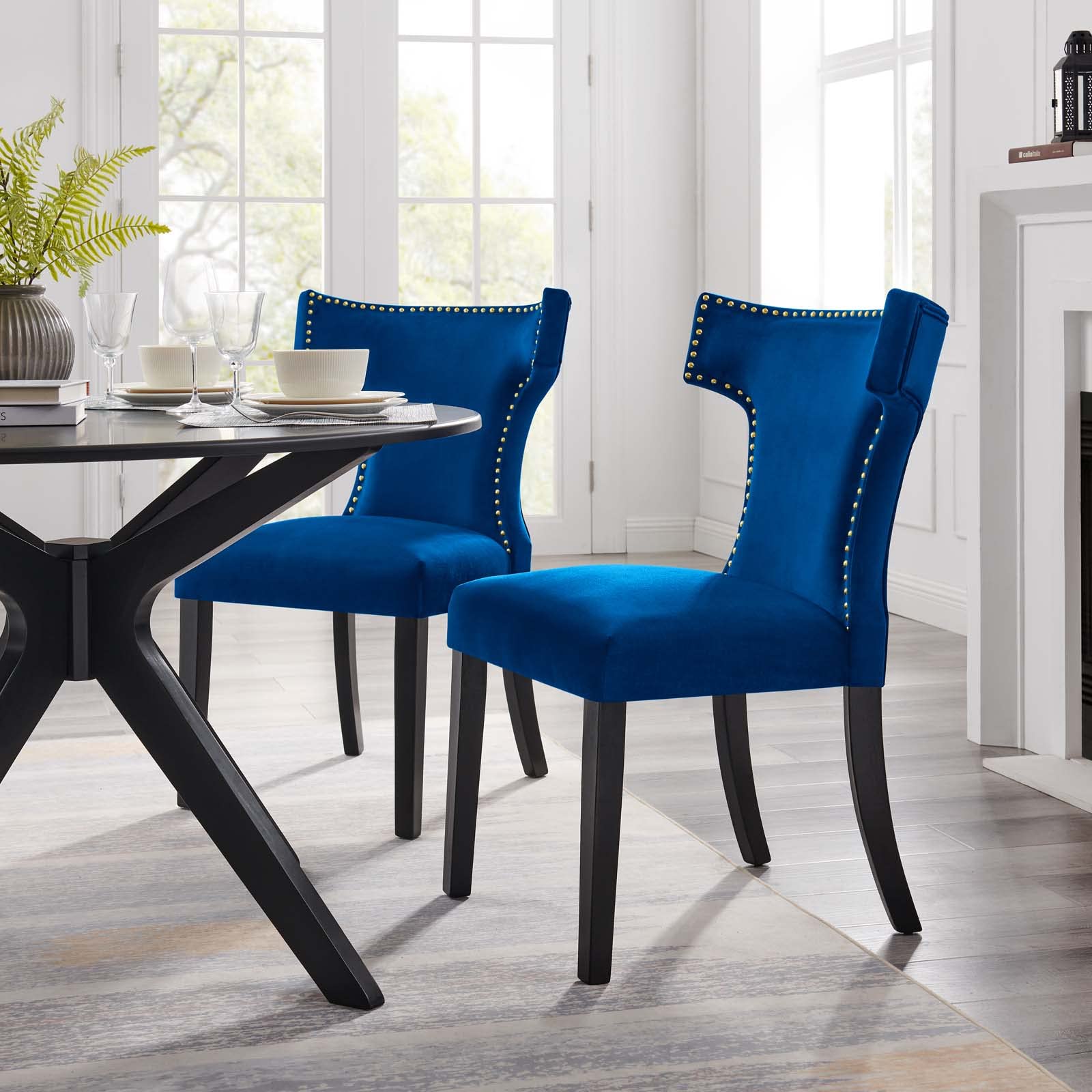 Modway Curve Performance Velvet Set of 2 Dining Chair, Navy