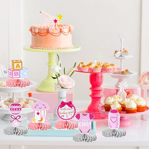 Miniatura 3 de 6 piezas de decoración de baby shower, centros de mesa de panal de abeja, Oh Baby Welcome Baby Girl - Centro de mesa de panal para revelación de