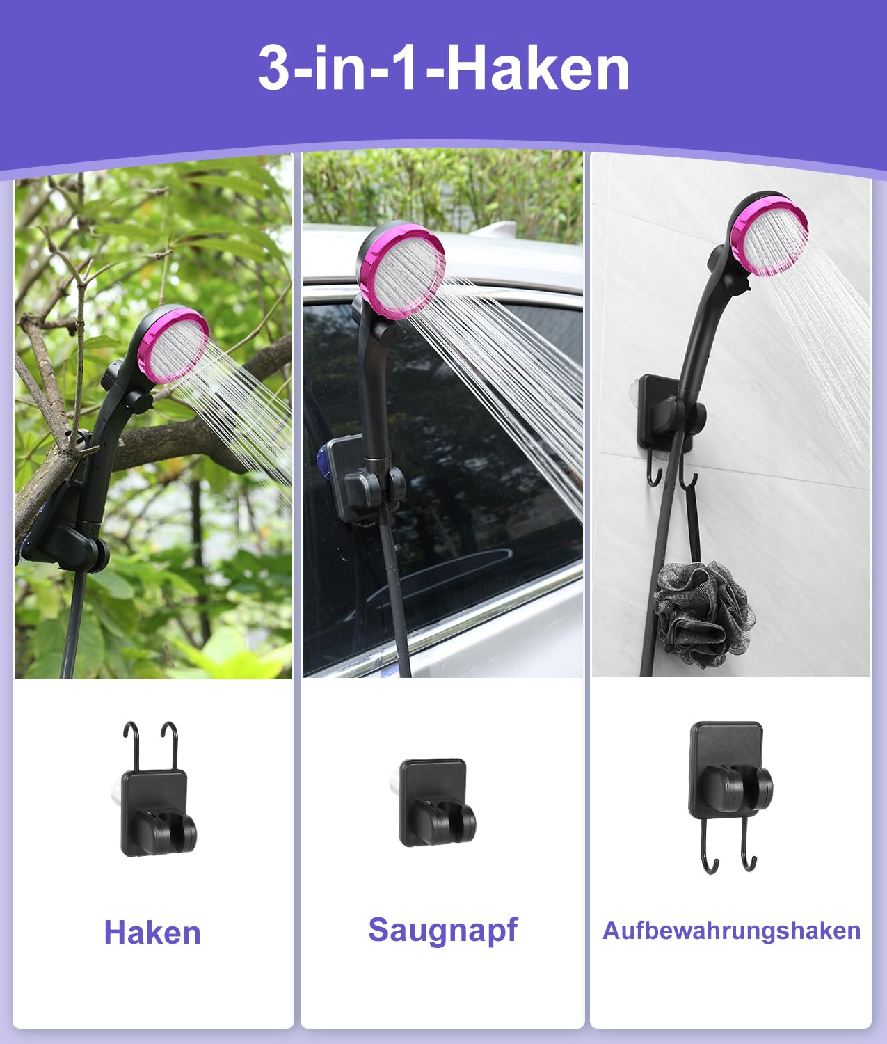 WADEO Tragbare Campingdusche Akku mit Pumpe, Camping Dusche mit wiederaufladbarem 6000-mAh-Akku und doppelter Digitalanzeige, Mobile Duschen mit Duschkopf, für Camping Reisen Garten (Lila, Typ C)