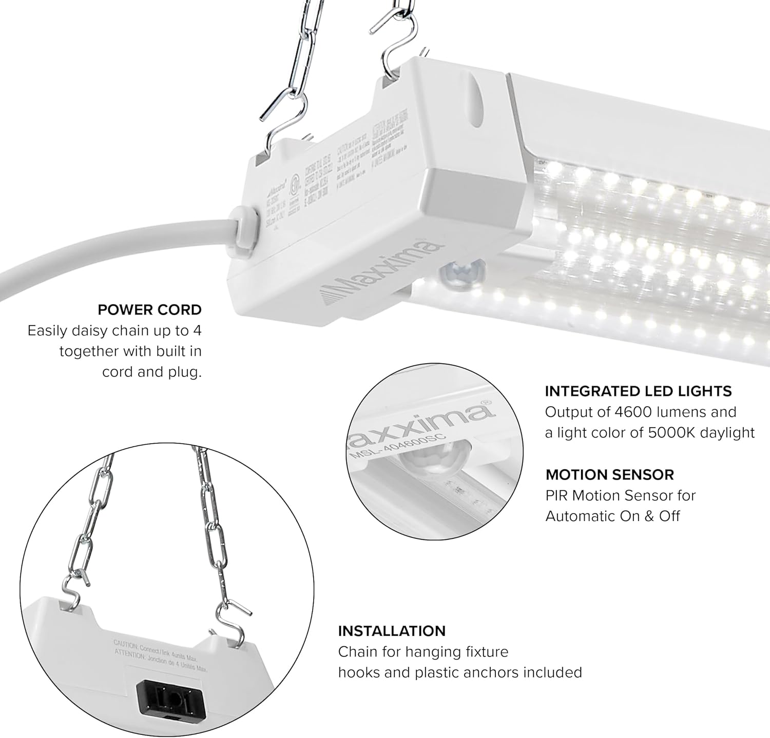 Maxxima 4 ft. Utility LED Motion Sensor Shop Light Fixture - 40 Watt, Linkable, Clear Lens 5000K Daylight 4600 Lumens, Plug in, Pull Chain, Ideal for Garage and Workshop Lighting