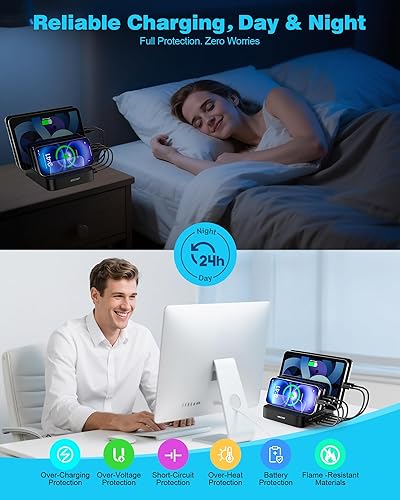 Miniatura 4 de Estación de carga para múltiples dispositivos, estación de carga USB MSTJRY con interruptor de muelle para teléfono celular, estación de carga de 5
