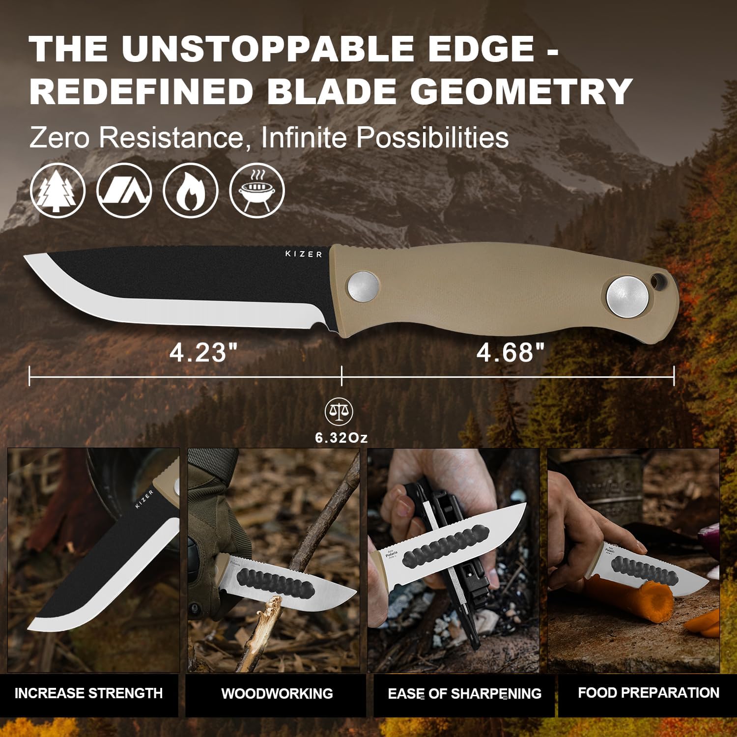 Kizer Polaris Fixed Blade Knife, 4.23" 1095 High Carbon Steel Blade Camping Knife with Tan G10 Handle, Survival Hunting Bushcraft Knives with Adjustable Sheath & Sharpener, 1100A4