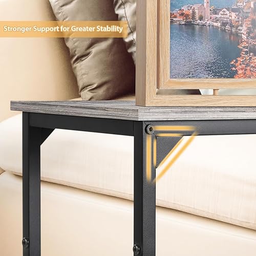 Miniatura 8 de melos Juego de 2 mesas auxiliares en forma de C, mesa auxiliar alta para sofá, mesa de sofá con marco de metal para sala de estar, mesas de sofá que