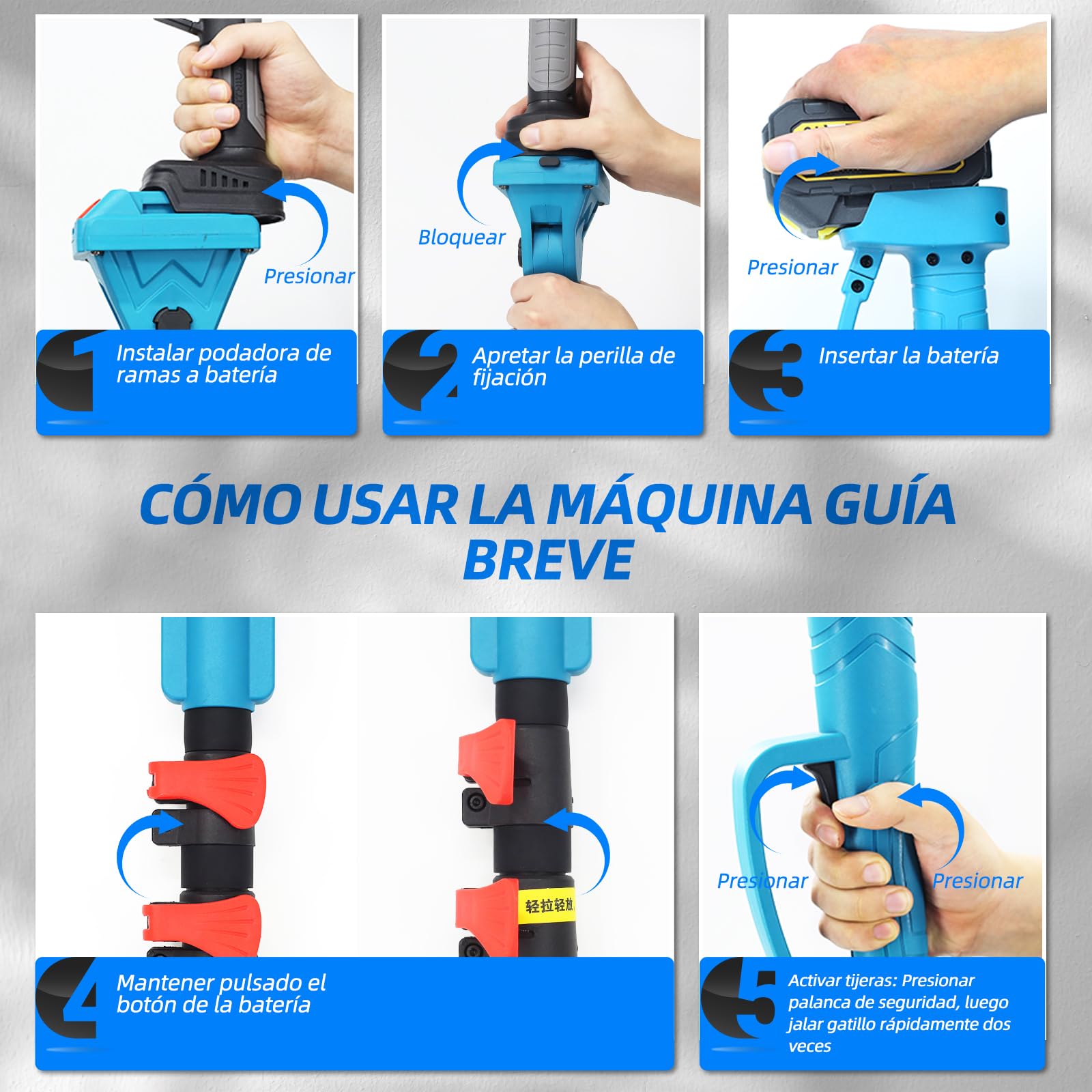 Pértiga telescópica ANEELV para tijeras de podar y sierras eléctricas – Extensible 1,2-2,5 m, cabezal 90°, altura 4,6 m – Compatible con Makita 18V
