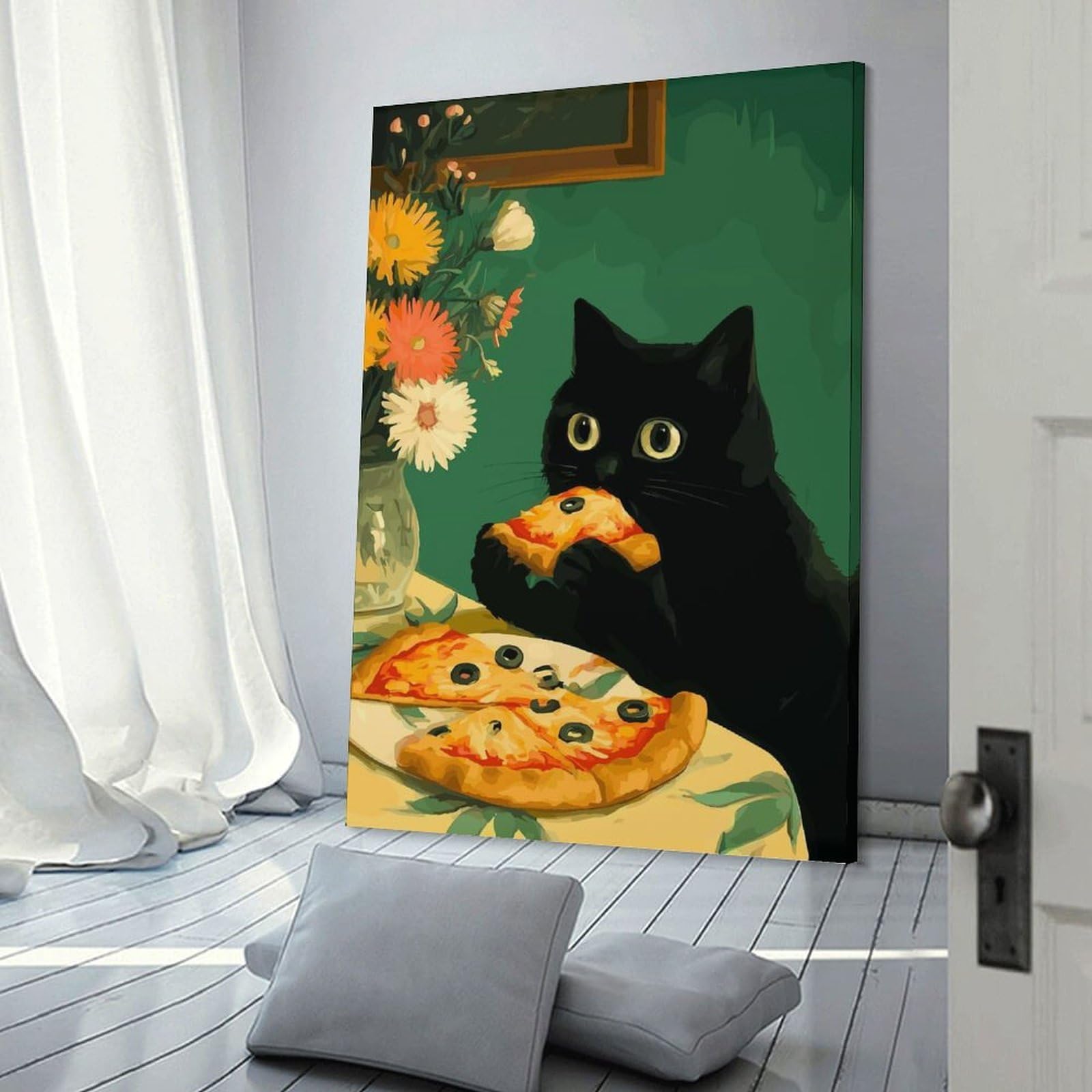Junmoney Frame-Style-16-1 Black Cat Eating Pizza Art Decorative Wall Artwork, 24X36inch(60X90cm), For Corridors, Hallways Or Apartment Entries, Home Artwork For First Impressions