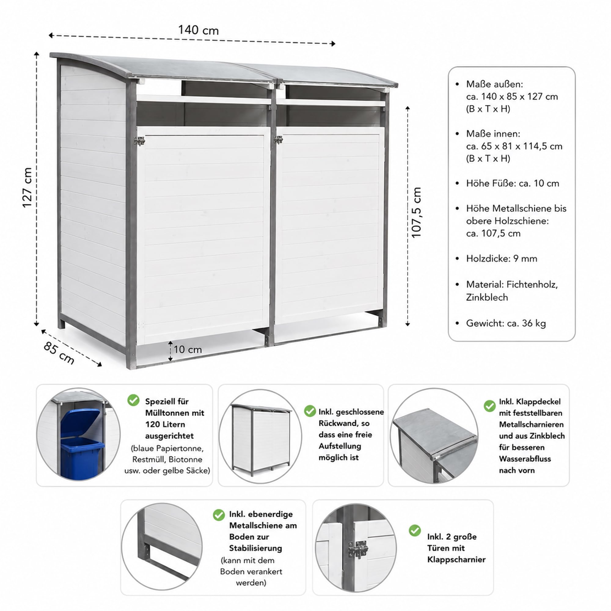 Mucola Mülltonnenbox 240 L aus Holz in Anthrazit/Weiß – stabile Mülltonnenverkleidung mit Rückwand für 1 Tonne – wetterfeste Tonnenbox 140 × 85 × 127 cm für Garten & Einfahrt
