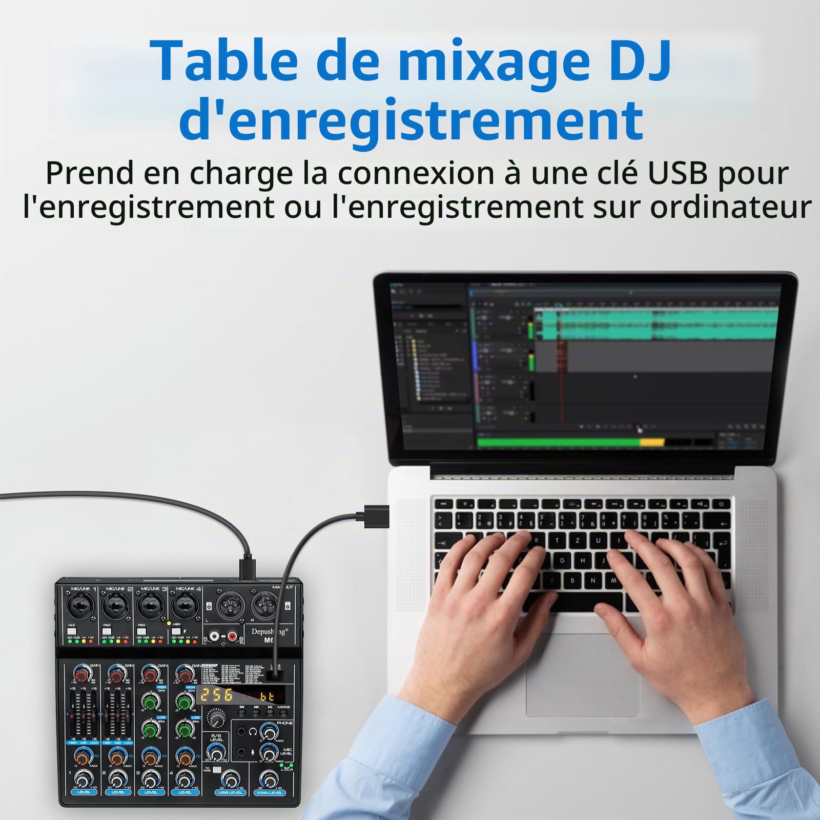 Depusheng M6 DJ Mixer portable MP3 Bluetooth 6 canaux Audio Table de mixage intégrée 256 effets numériques Interface USB pour l'enregistrement informatique en direct Streaming Podcasting Karaoké