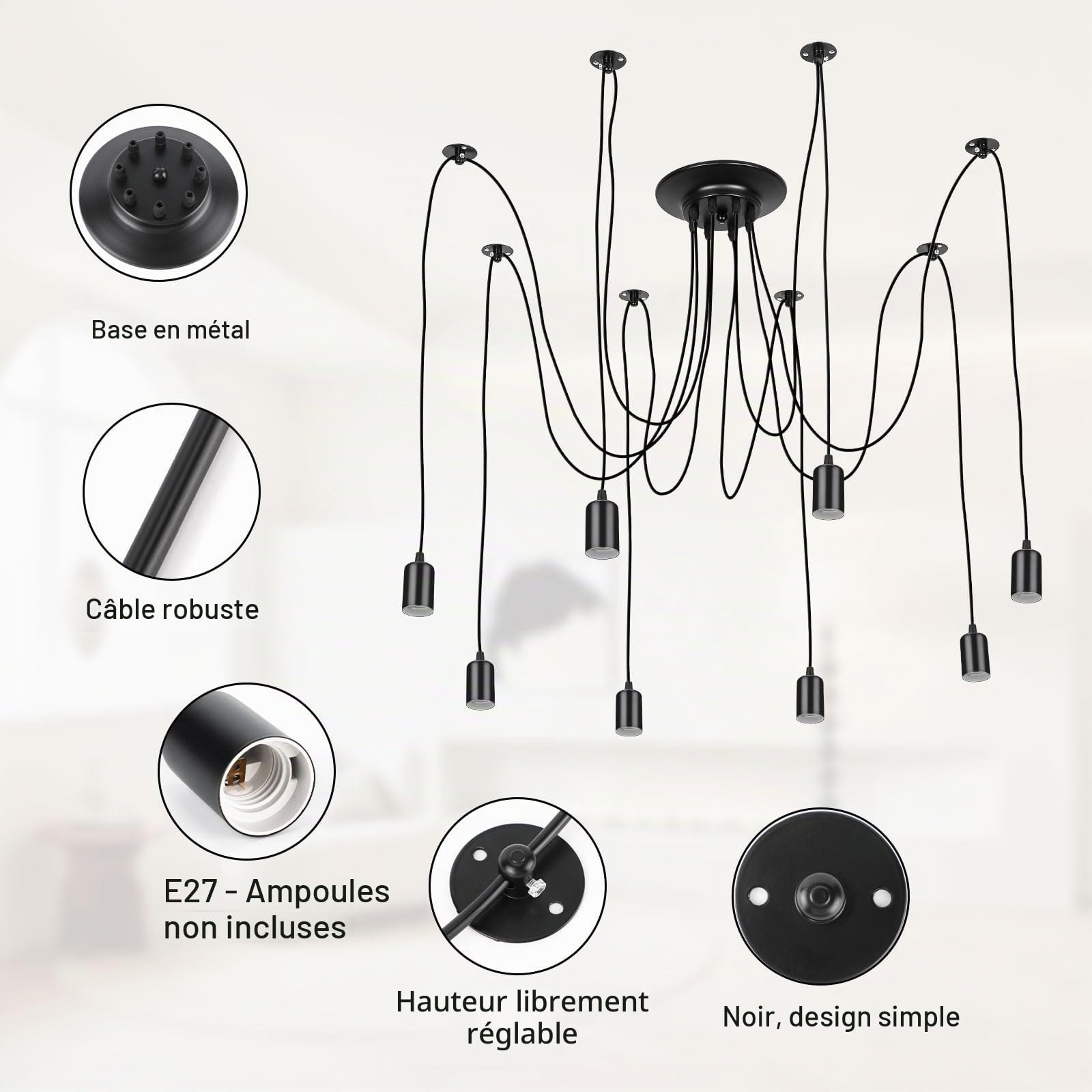 Lightess Suspension Luminaire Industrielle Lustre Araignée 8 Lumières Vintage Noir Plafond Suspendu Réglable pour Chambre Salon Restaurant