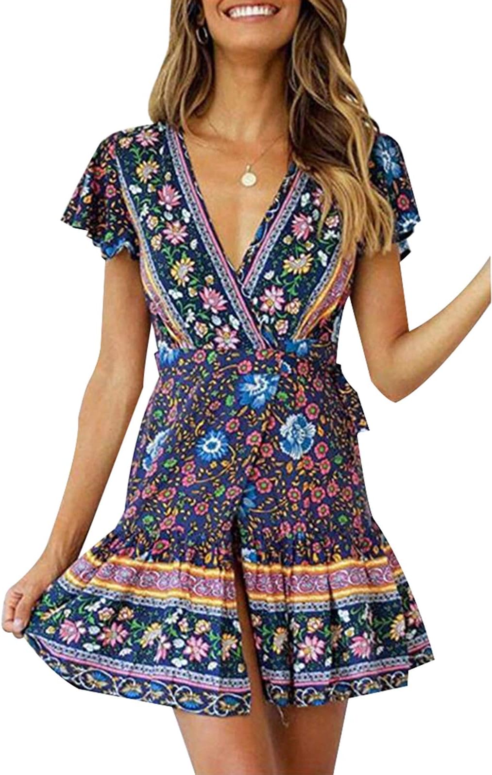 TEMOFON Women's Dresses Summer Wrap Bohemian Floral Printed Ruffle Hem Short Sleeve V-Neck Beach Mini Dress S-XL