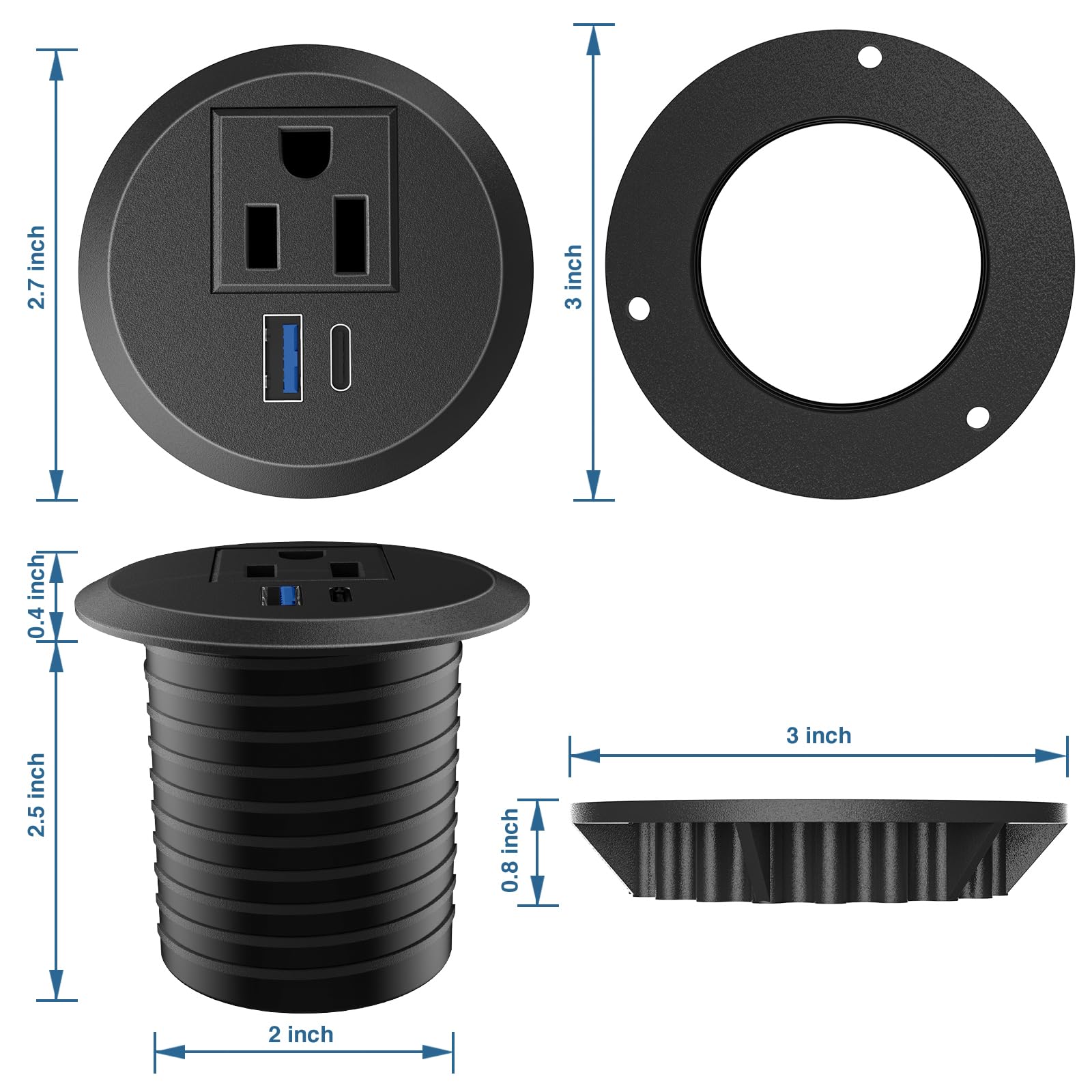 Desktop Power Grommet, 5.1 cm Desktop Power Grommet Outlet, Recessed Power Strip Outlet with 1 USB and 1 Type-C, 20W PD Fast Charge for Desk, Kitchen, Office, Home, Hotel and More