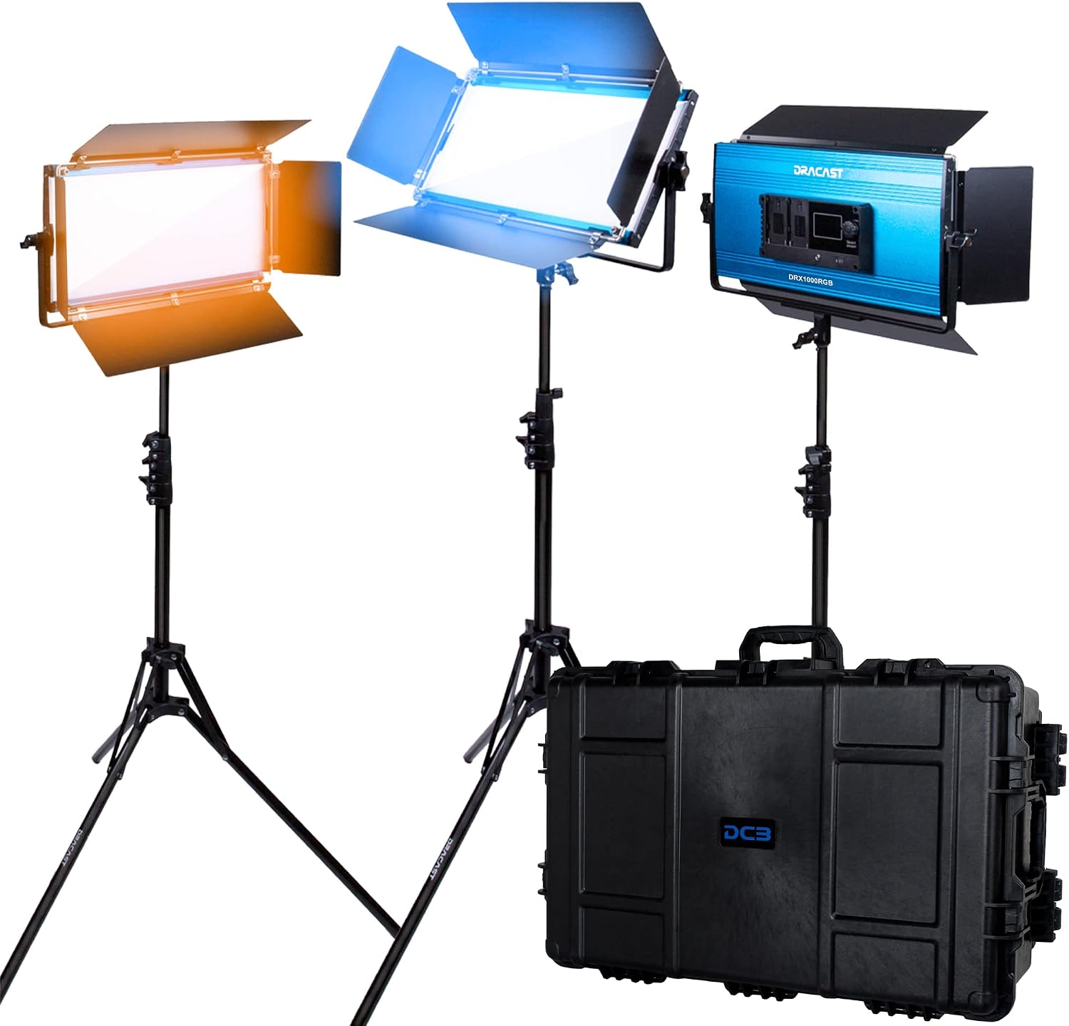 Dracast X Series LED1000 Kit with Injection Molded Travel Case - 3 Pack Includes Panel Lights, Stands, Barndoors | Bluetooth App Control | Bicolor LED Video Light Kit 3200K - 5600K | Dimmable 0-100%