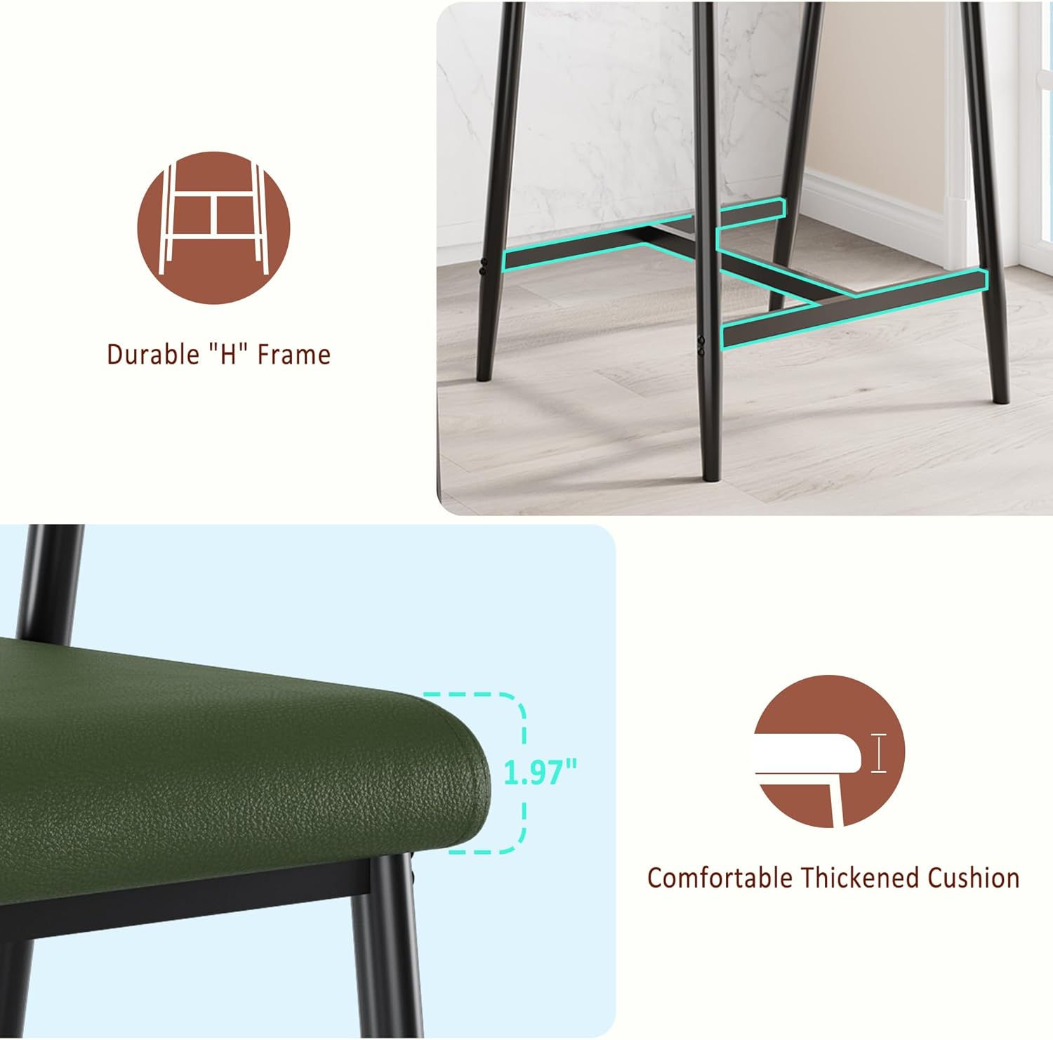 IDEALHOUSE Counter Height Bar Stools Set of 4 with Arms, Upholstered Barstool with Back & Footrest, Soft Wider Seat, Modern Metal Bar Stools Set for Kitchen Island, Bar, Easy Assembly, Rustic Green