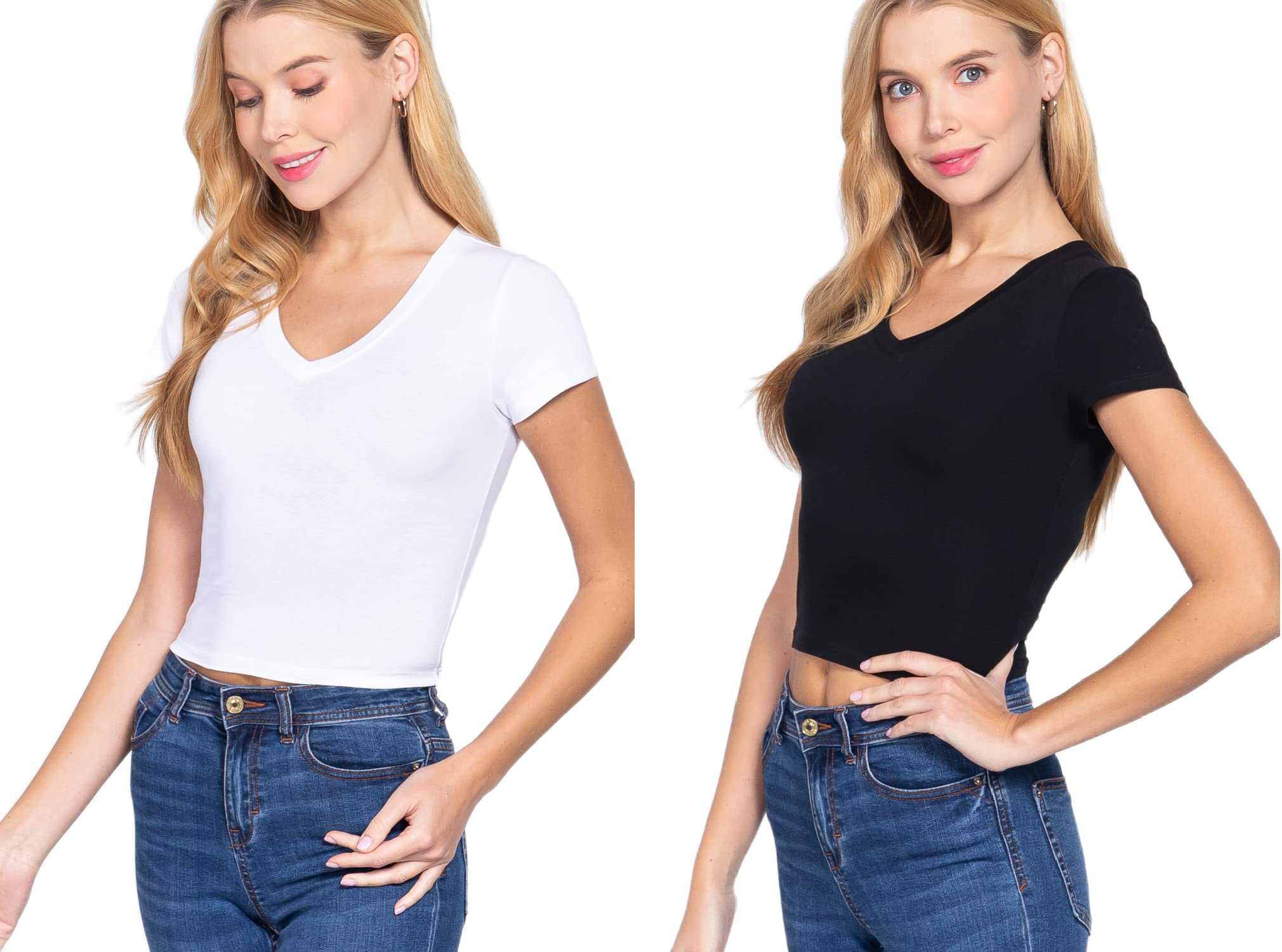 Khanomak Women's Cropped Basic Short Sleeve V Neck Top