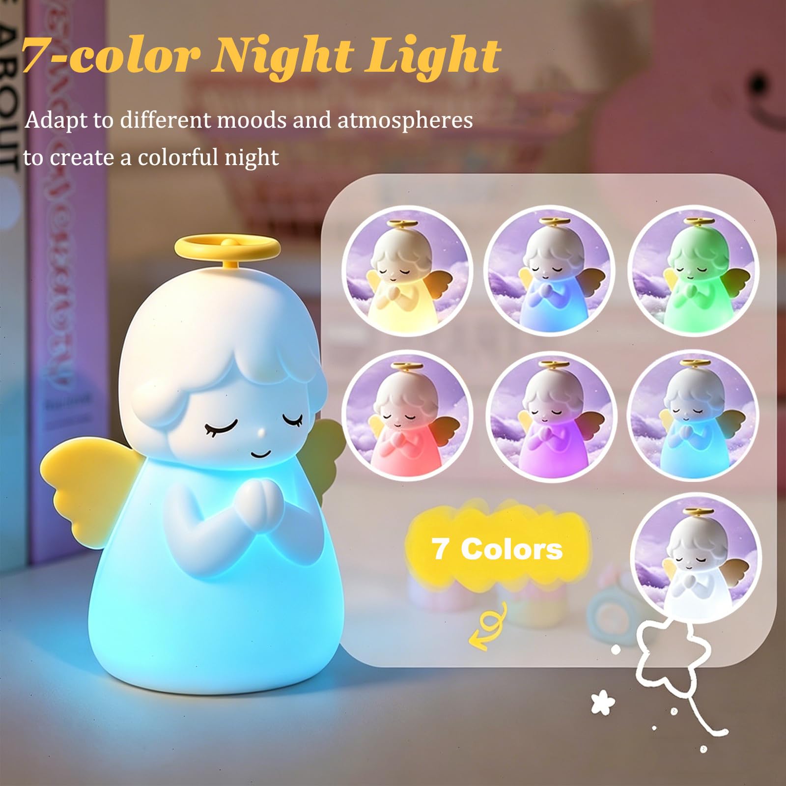 Angel Night Light for Kids, Rechargeable 7 Colors Silicone Lamp